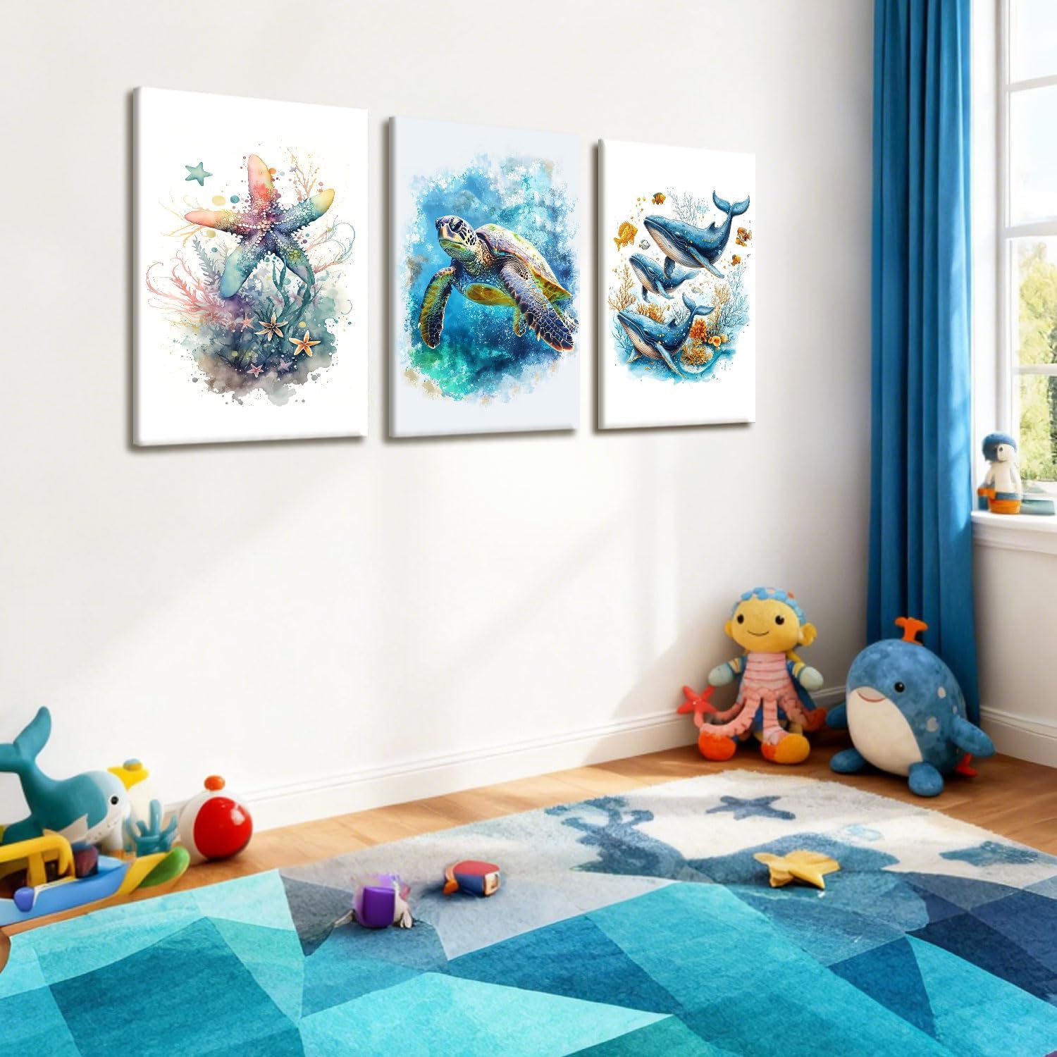 NCCXNCC 3Pcs Marine Animal Canvas Wall Art Beach Bathroom Print Posters Watercolor Sea Turtle Whale Starfish Pictures Marine Life Artwork Paintings Living Room Children's Room Wall Decoration16x24 IN