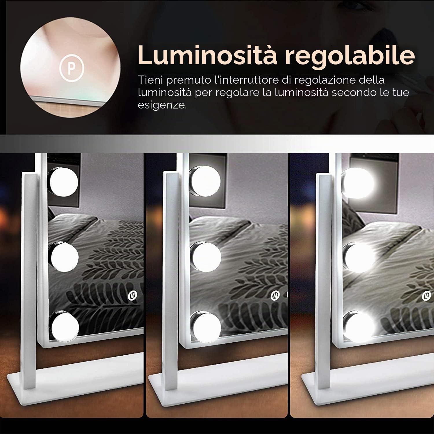 TUREWELL Hollywood - Specchio da trucco con luci, grande specchio illuminato con luce a 3 colori e 12 lampadine a LED dimmerabili, schermo touch intelligente e rotazione di 360 gradi