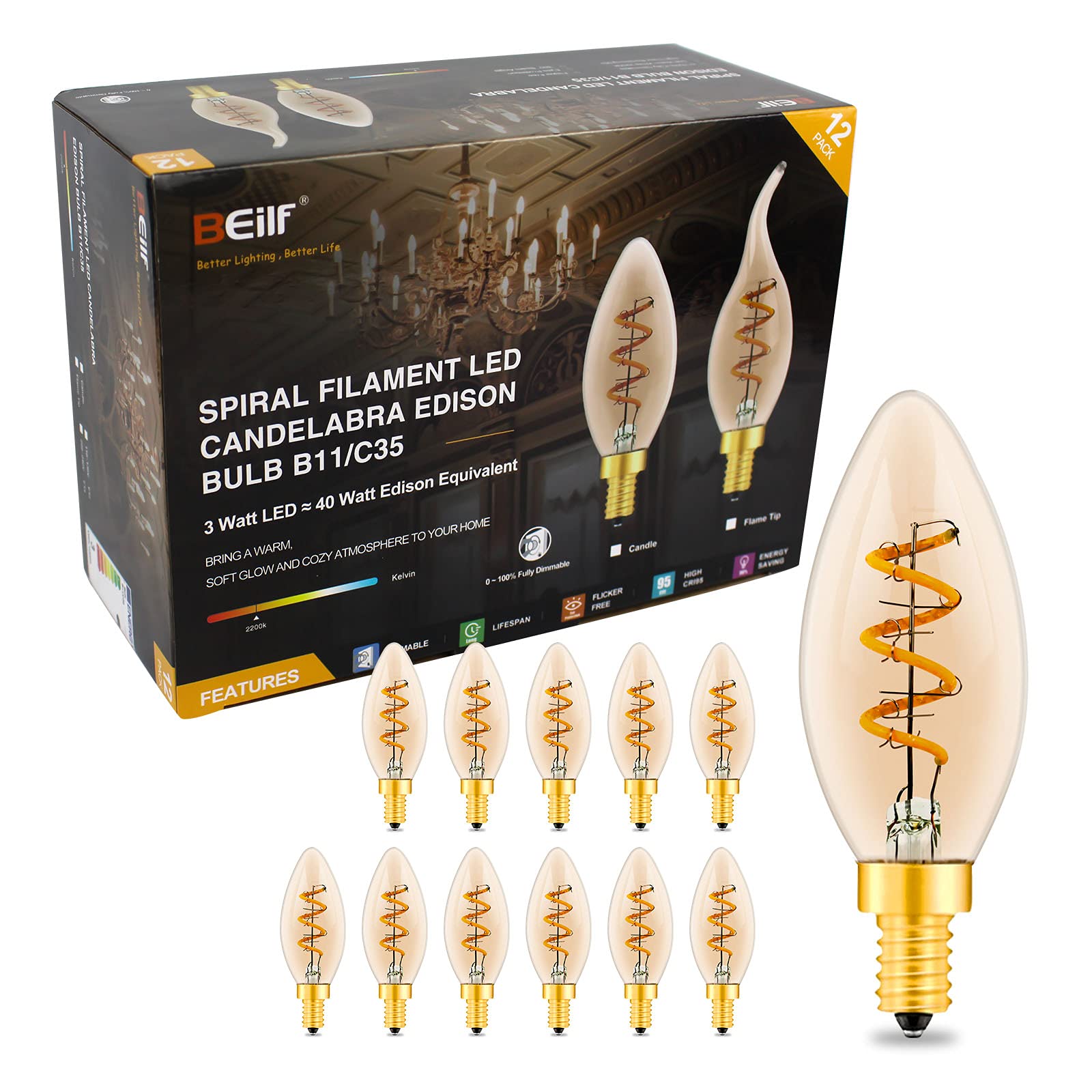 C35 LED Edison vela casquillo E14, regulable 3W blanco cálido 2200K, vidrio ámbar, alto CRI95, equivalente a 40 vatios, filamento en espiral con aspecto retro vintage, paquete de 12