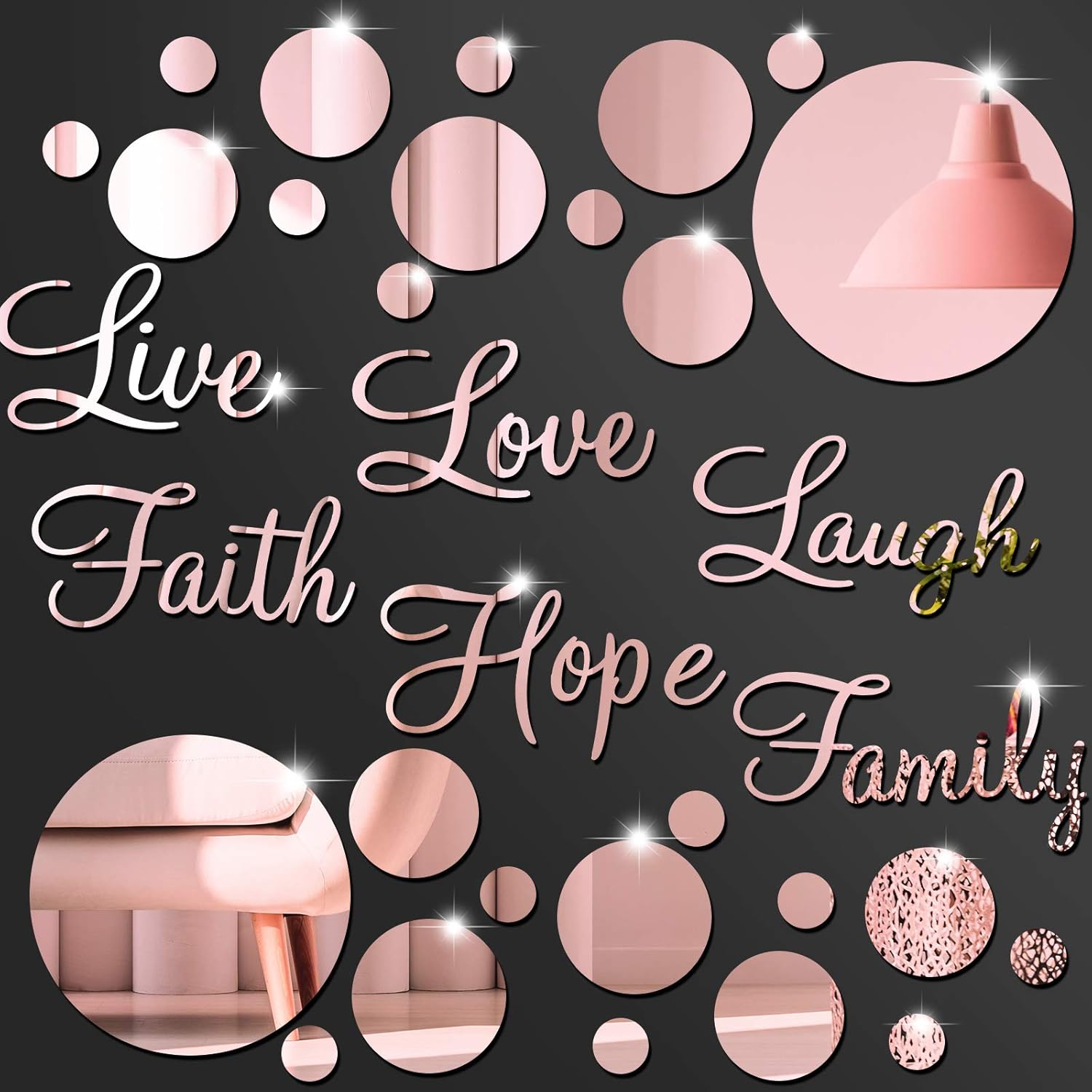 Zonon 3D Acrylic Mirror Wall Decor Stickers 6 Word DIY Faith Live Laugh Hope Love Family Mirror Wall Decor 26 Solid Circle Stickers for Home Bedroom Office(Rose Gold)