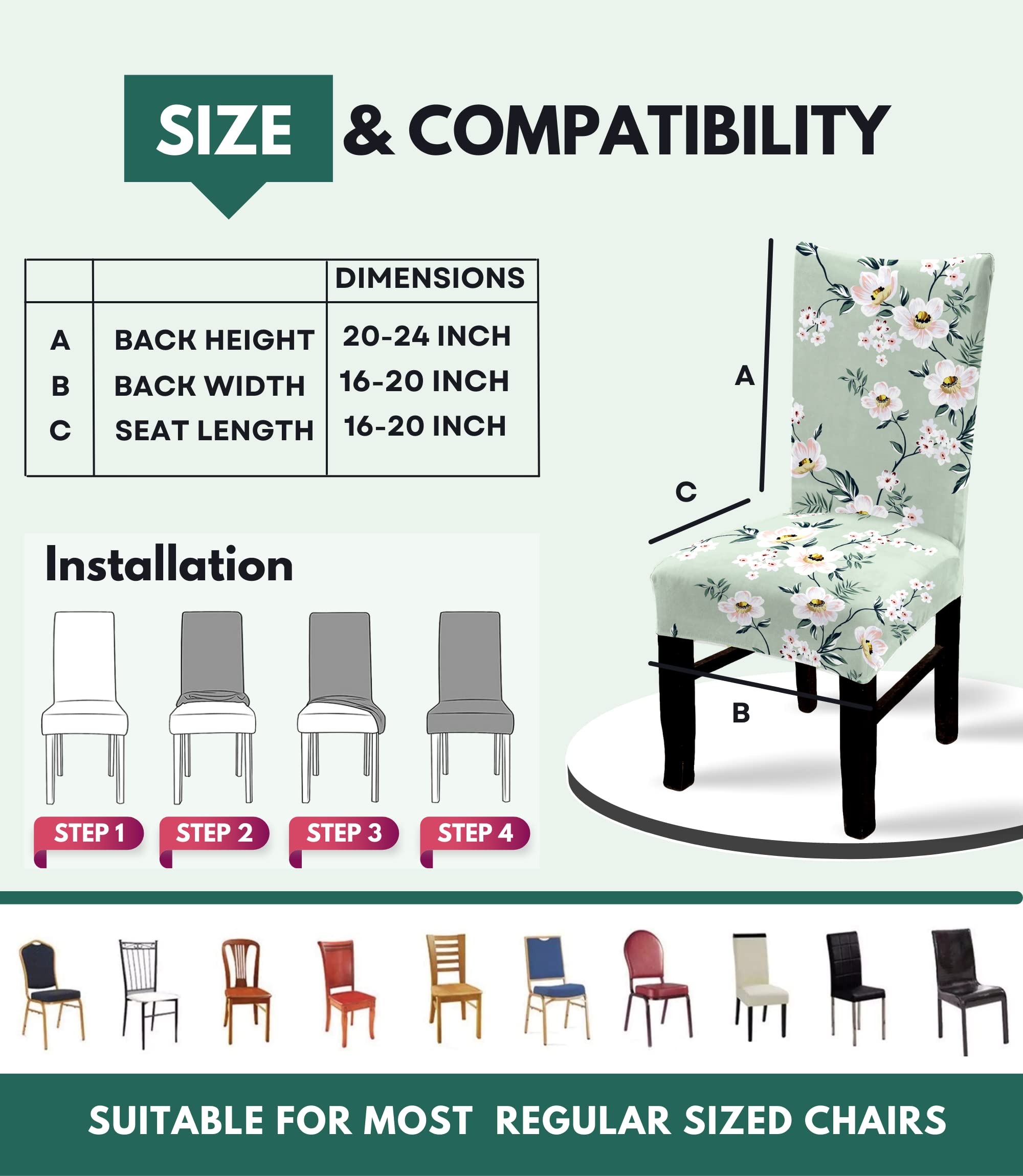 BRIDA Polyester Stretchable Floral Printed Dining Chair Slipcover, Set of 4, Green Flowers 3