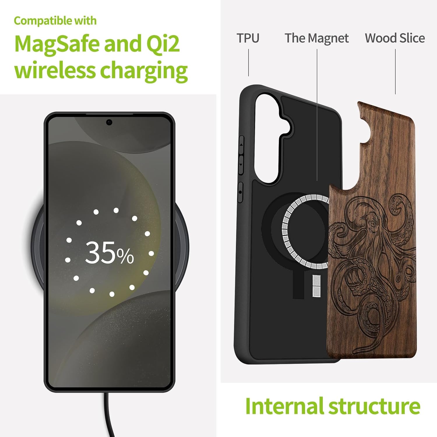 Carveit Magnetic Wooden Case for Samsung Galaxy S25 Case 2025, TPU Shockproof Cover & Wood Artisan Engraved, Compatible with MagSafe Wireless Chargers (Octopus Drawing) Walnut