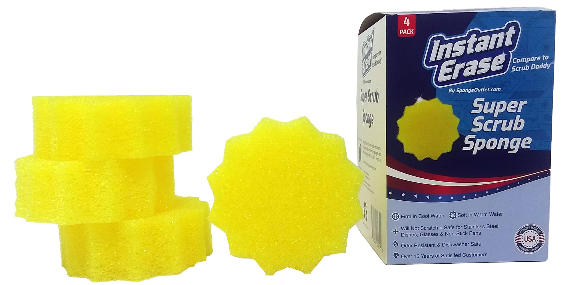 INSTANT ERASESuper Scrub Sponge Pads 4 Pack – Non-Scratch & Safe for Multi-Surfaces – Firm in Cool Water & Soft in Warm Water – Made in The USA!