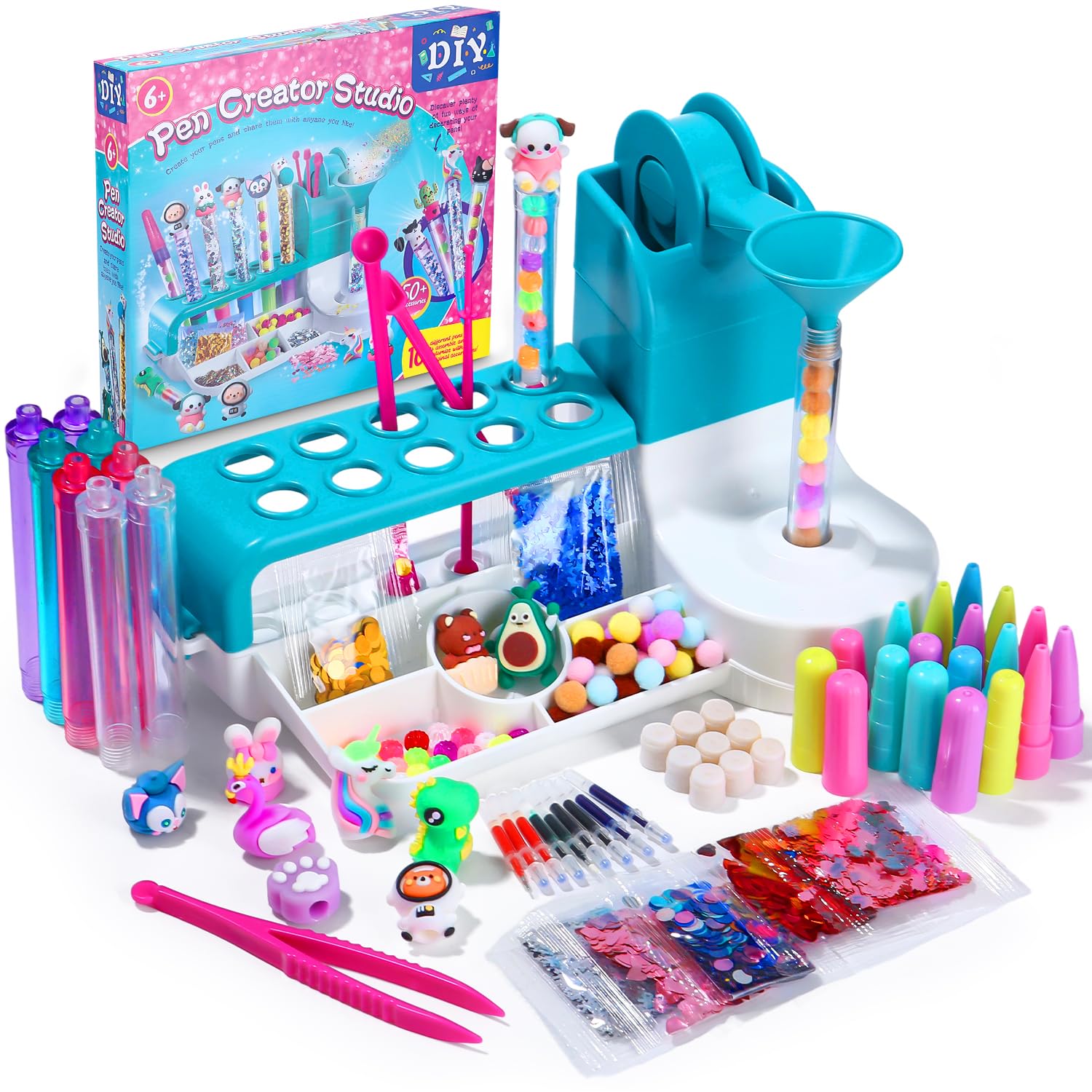 Kit de stylos à faire soi-même pour enfants à partir de 6 ans – Mon atelier de stylo avec 50 accessoires pour 10 stylos personnalisés (paillettes, plumes, figurines) – Kit créatif comme cadeau
