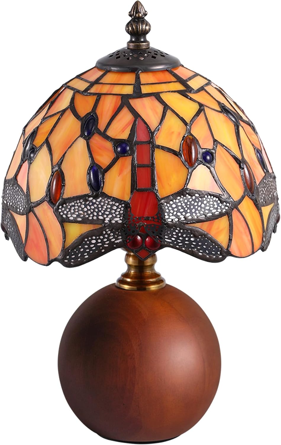 12.2" Tiffany Style Lamp, Handcrafted Dragonfly Stained Glass Table Lamp with Weighted Solid Wood Base, 3-Color Dimmable Bedside Nightstand Light for Bedroom & Living Room, LED Bulb Included