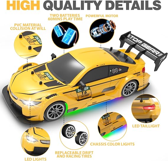 RC Drift Car 1:16, 2.4GHz 4WD Remote Control Car, 30+KM/H High Speed Drifting RC Cars with LED Lights Two Batteries and Drift Tires Racing Cars for Adults Boys Kids, Yellow