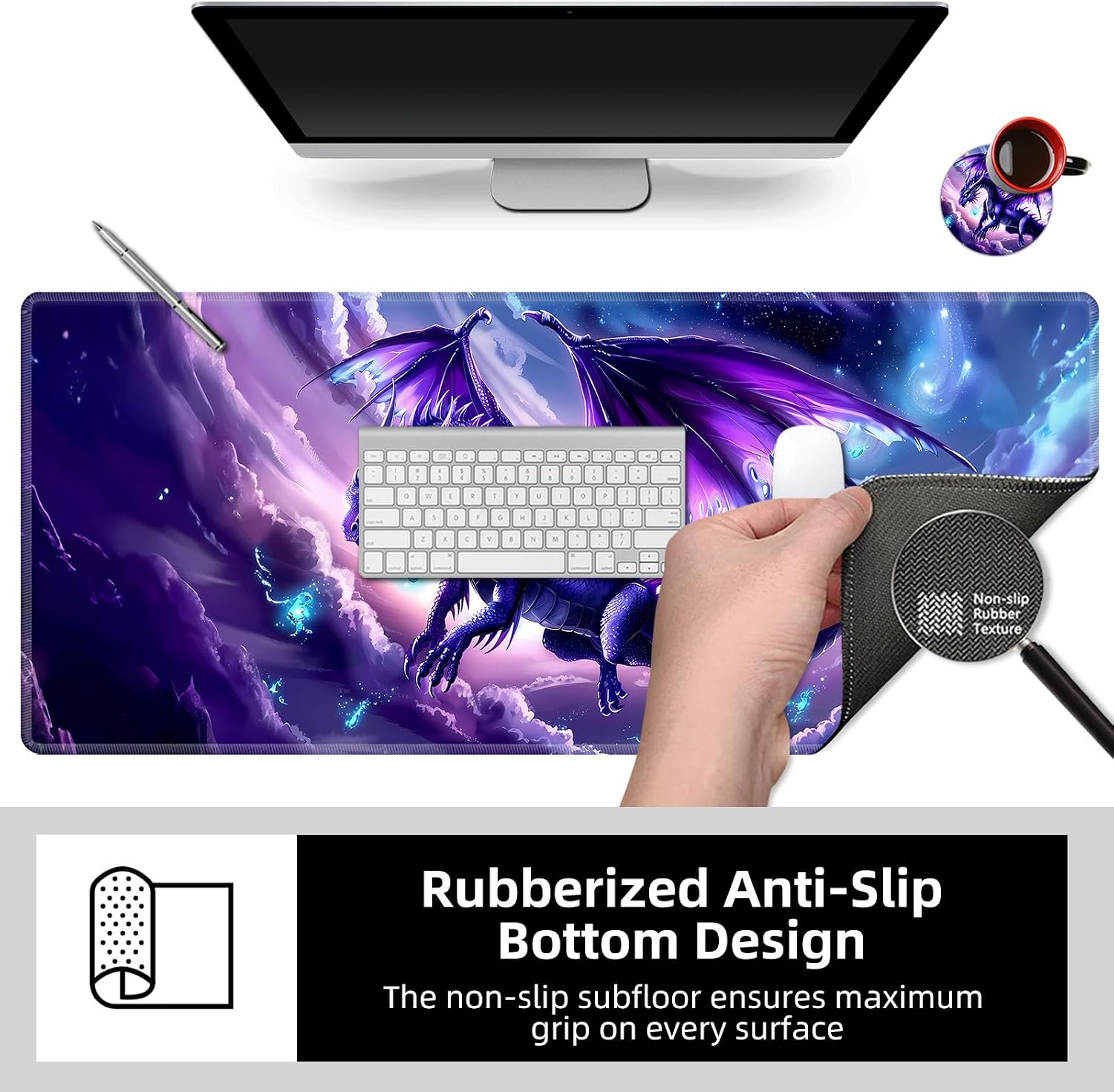 Large Desk Mat with Stitched Edges, Purple Dragon Office Desk Pad, Anime Gaming Mouse Pad, Extended Keyboard and Mouse Mat,31.5x11.8 inch Waterproof Desk Writing Pad for Office and Home