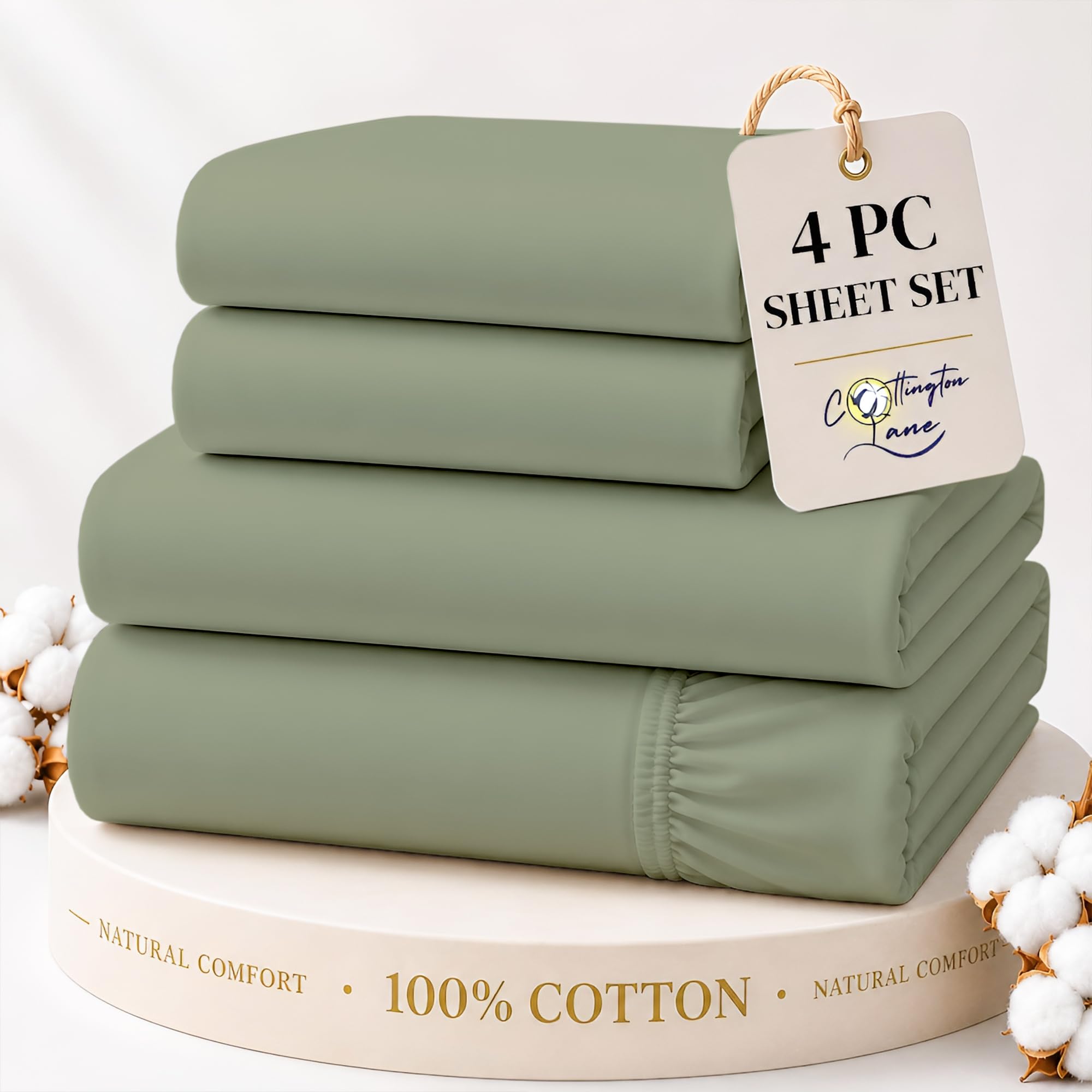 Cottington Lane Set di lenzuola in 100% cotone per letto matrimoniale XL, 4 pezzi, color salvia, lussuose lenzuola di qualità alberghiera, con tasca profonda per materassi da 20-40 cm, morbide