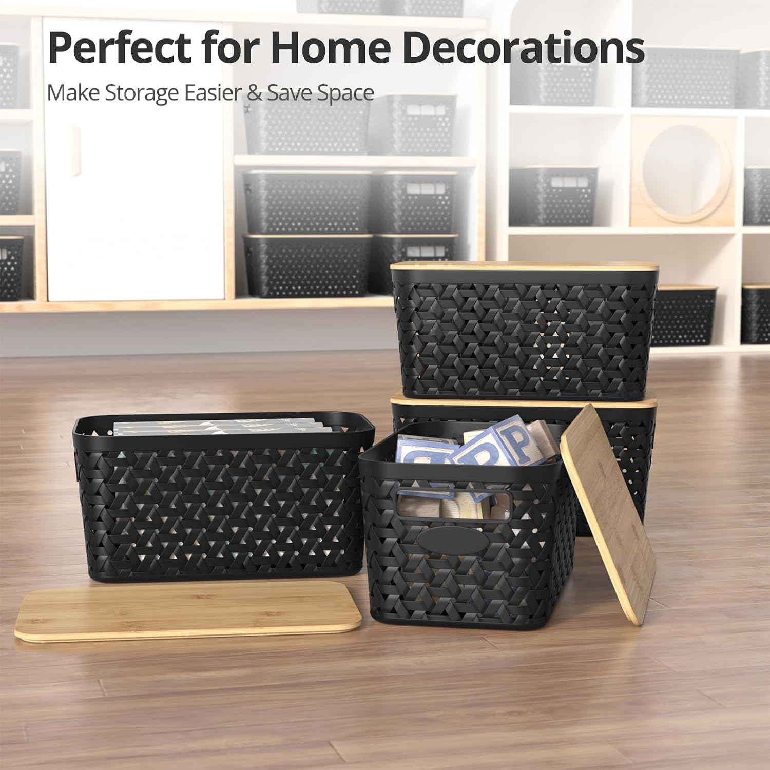 Plastic Storage Bins with Bamboo Lids, Stackable Small Box Baskets for Organizing and Containers for Shelves Drawers Desktop Closet Pantry Classroom Office Home, 4 Pack 12x7.3x6.2 Inch, Black