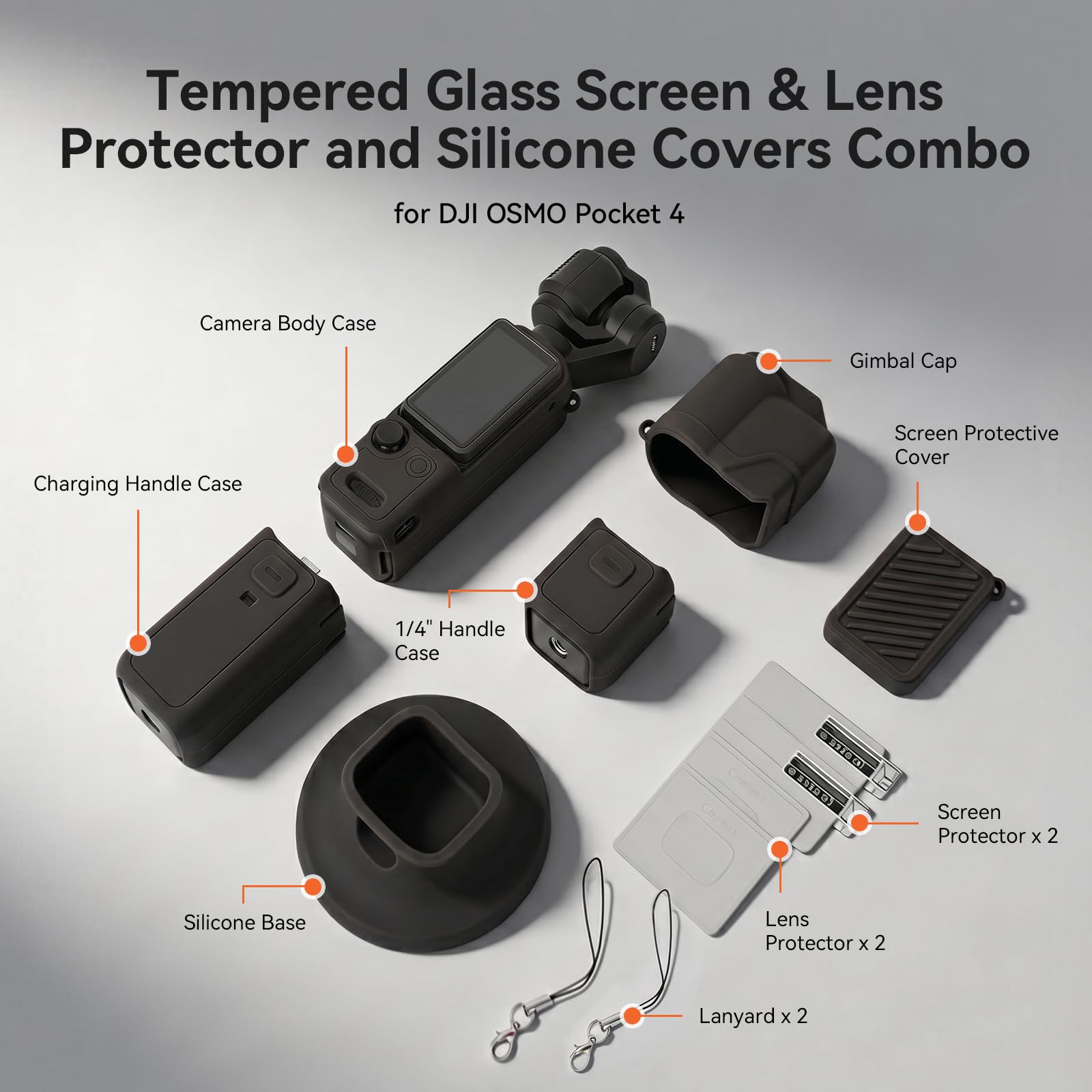 AMAZEAR Coque de Protection en Silicone pour DJI OSMO Pocket 4, Pocket 4 Accessoire de Protection Souple avec Protection d'écran en Verre trempé, Protection d'objectif, Support en Silicone, Noir