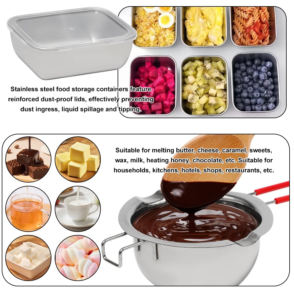 2 Pezzi Bagnomaria in Acciaio Inox con 1 Raschietto Silicone, 2 Contenitore con Coperchio Cioccolato Ciotola di Fusione per Cioccolato, Zucchero, Burro, Formaggio, Caramello(480ml+600ml)