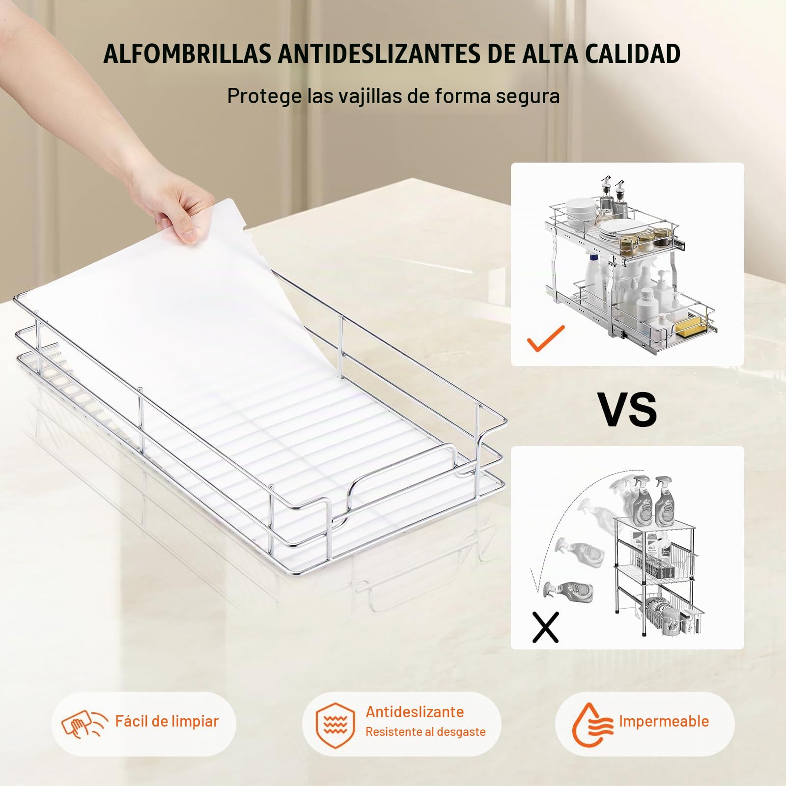VEVOR Organizador de Gabinete Extraíble 304x533x385 mm Estantes de Despensa Deslizables de Alta Resistencia, de Acero Cromado para Gabinete de Cocina Baño, Tamaño de Instalación 334x563x485 mm