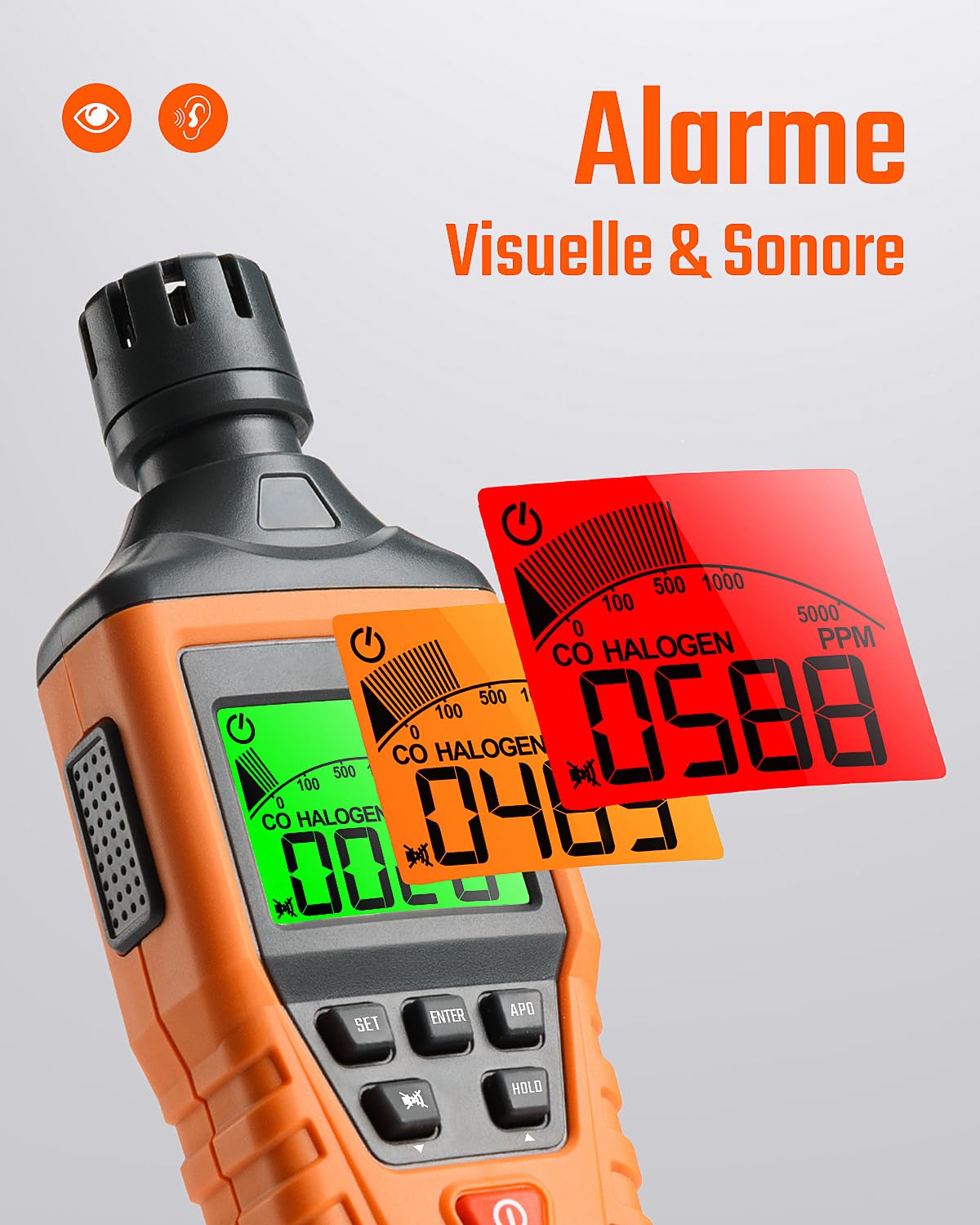 TopTes CT-300 Détecteur Monoxyde de Carbone Portable, Détecteur CO+Alarme Sonore et Visuelle, 0-5000PPM, Alarme CO, Écran LCD Rétroéclairé, pour Maison, Voiture, Camping, Voyage (3 Piles)-Orange