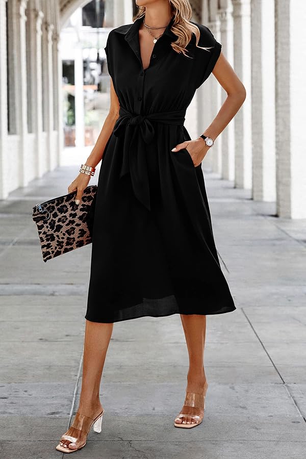 ECOWISH Womens Casual Midi Dresses Solid V Neck Short Sleeve Button Shirt Belted Dress with Pockets for Spring Summer 2026 A-Black L by ECOWISH - Used condition - Image 2