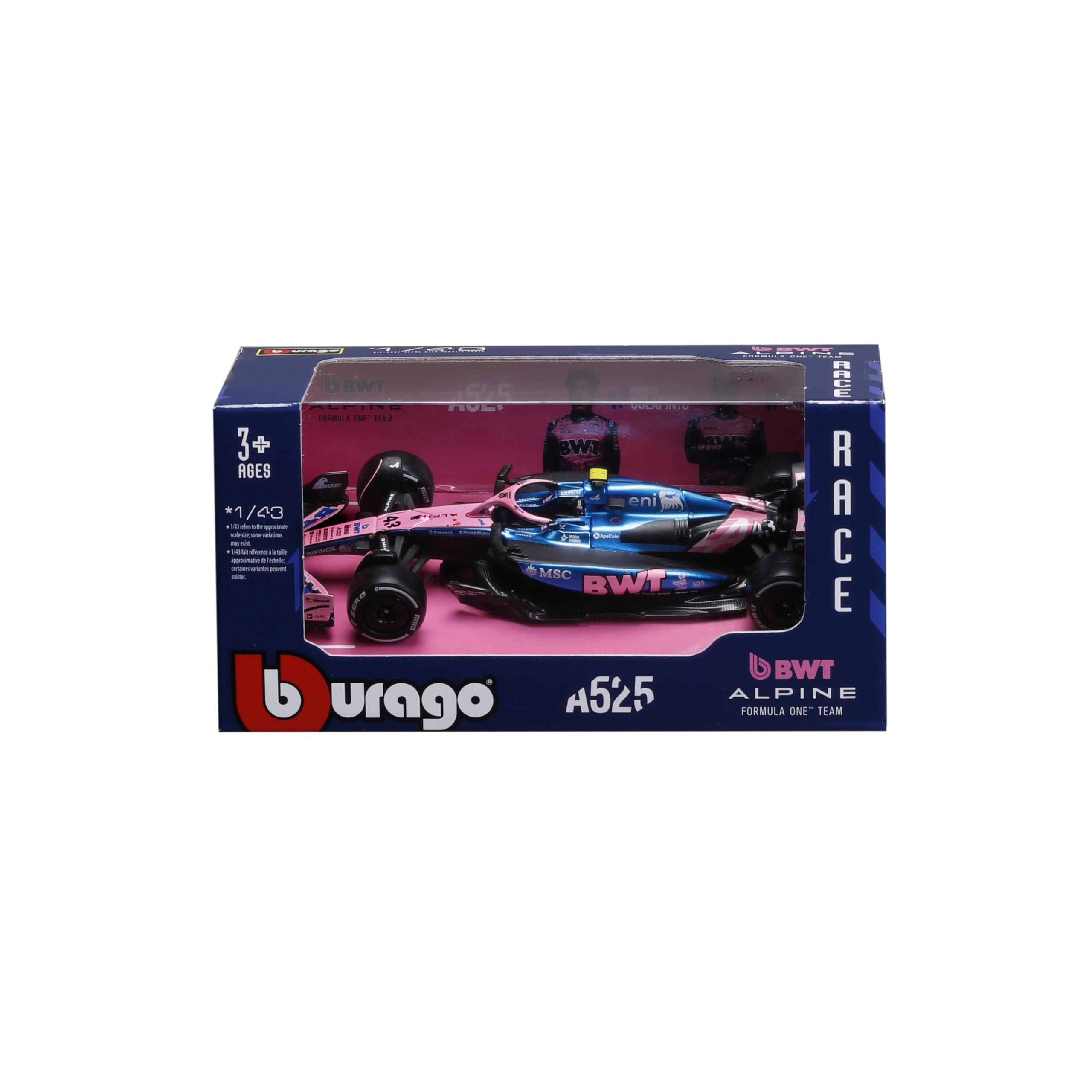 Bburago - F1 BWT Alpine A525 2025#43 Colapinto, Auto Diecast in Scala 1:43 con Dettagli Realistici, Replica F1 Alpine, Livrea Blu/Rosa, Licenza Ufficiale, Età Consigliata 3+ Anni