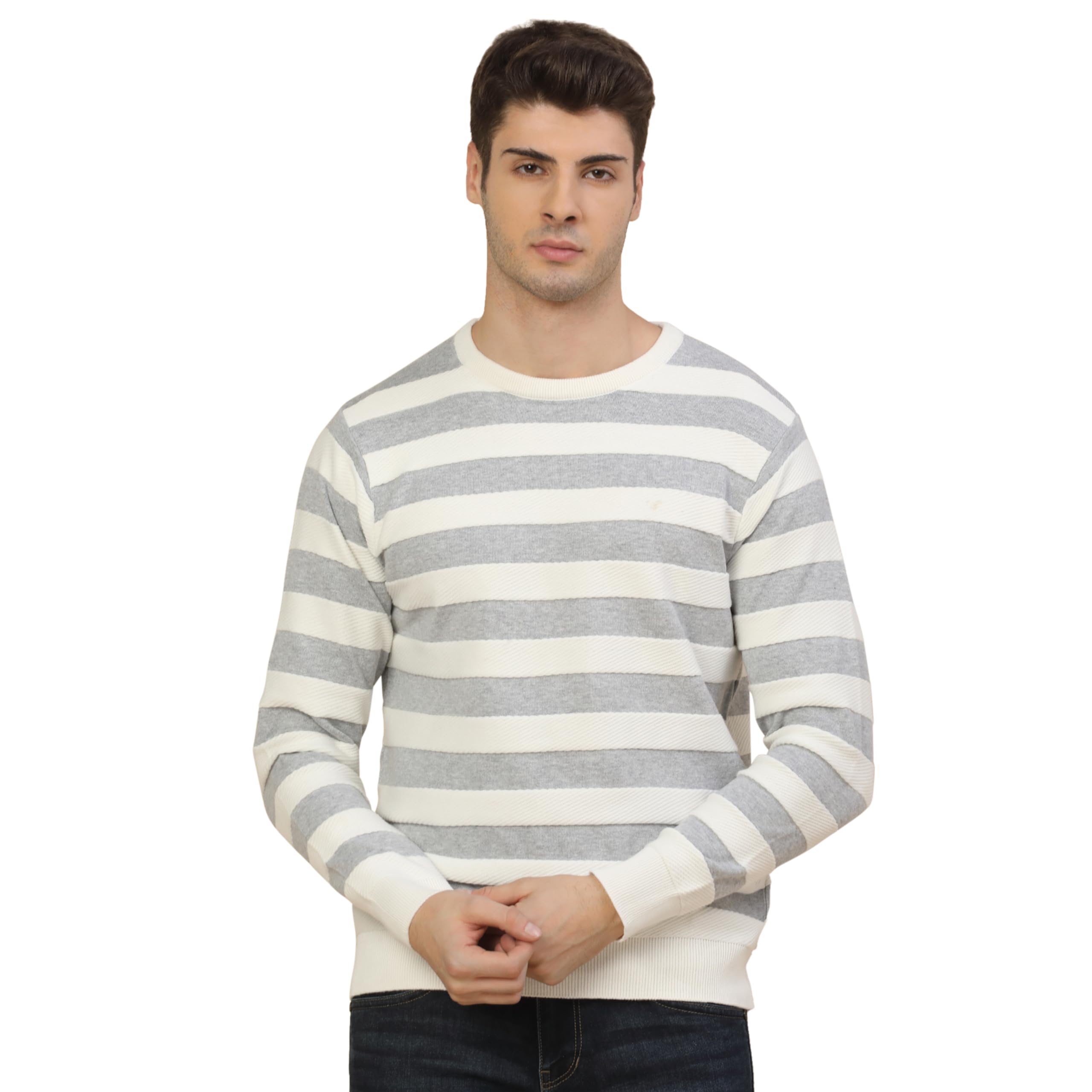 cantabil Sweater for Men l Winter Wear Cotton Fabric Pull-On Closure Round Neck Regular Fit Striped Pattern-picture-22