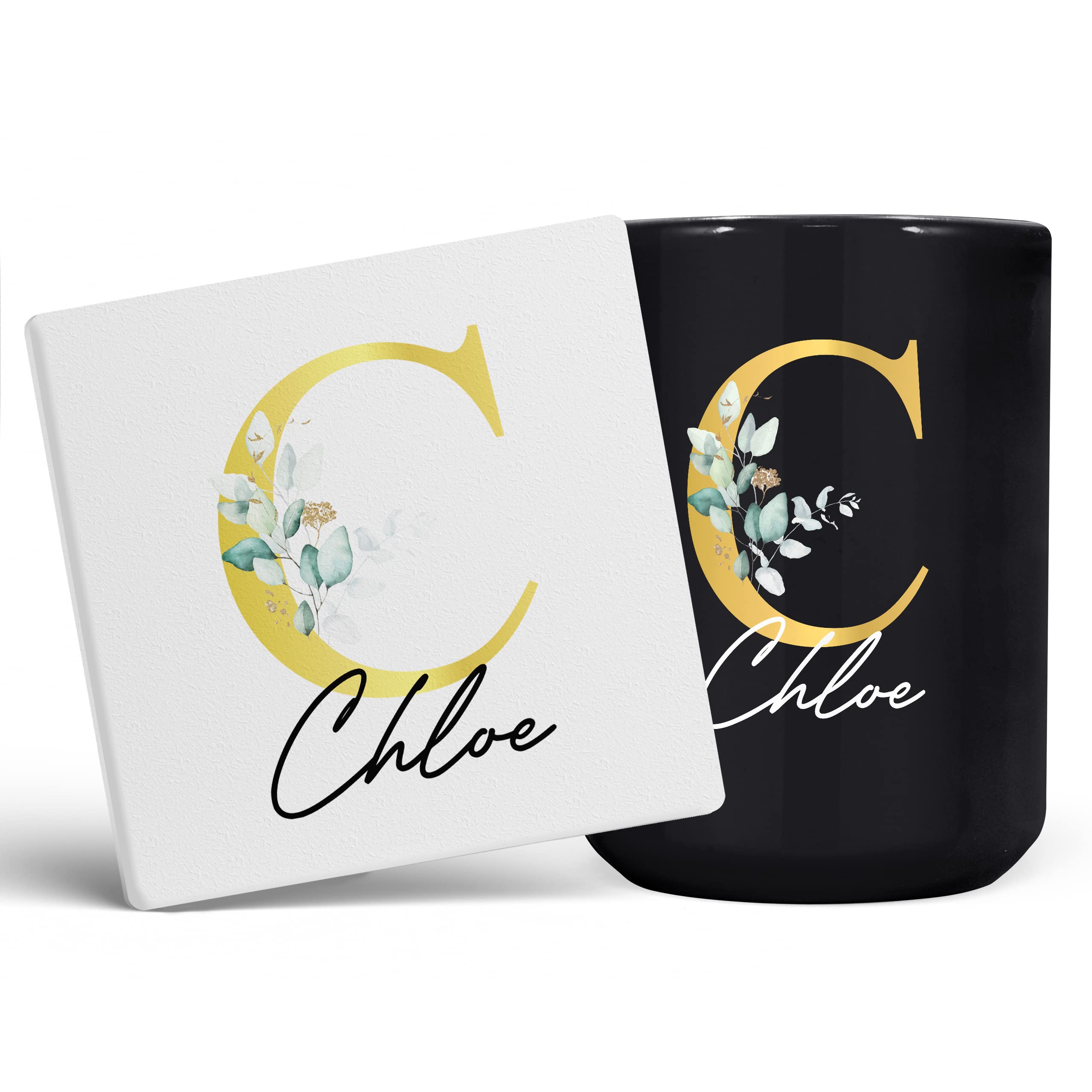Personalised Letter C Floral Mug Initial with Name, Customised Gift, Gold Effect Printed Letter, NOT Metallic - Ceramic Coffee Cup for Men or Women, Extra Large and Giant Mug, 15oz Black Cup & Coaster — image 1