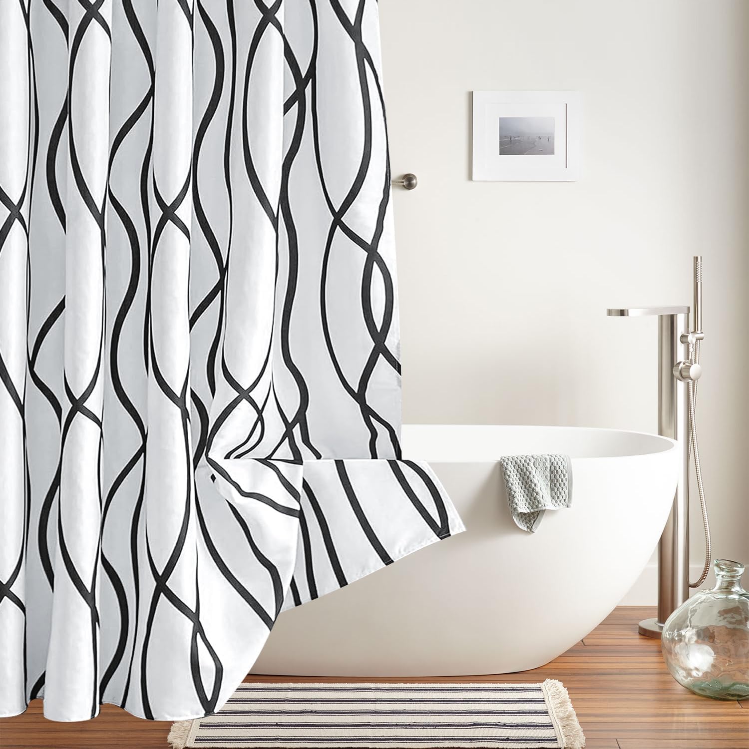 Biscaynebay Textured Fabric Shower Curtain 72 Inches by 72 Inches, Black Printed Striped Linen Modern Hotel Luxury Quality Cloth Bathroom Curtains Machine Washable