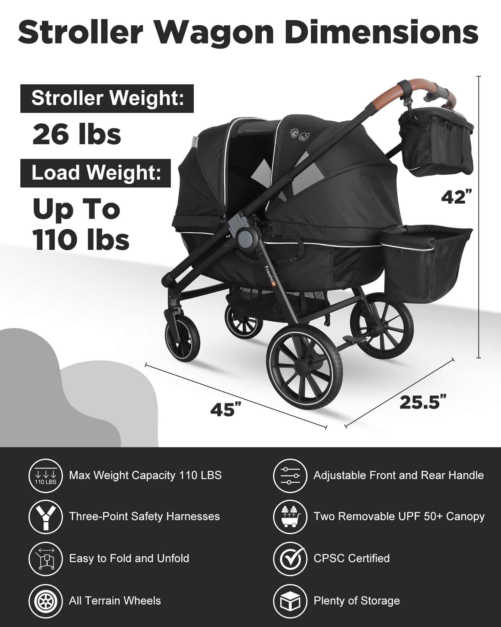 Freetex Tandem Wagon Stroller–All-Terrain 2-in-1 Push&Pull Design, Double Seat Capacity, Large Storage, Adjustable Canopy, Removable Child Tray for Kids Outdoor Adventures&Family Outings