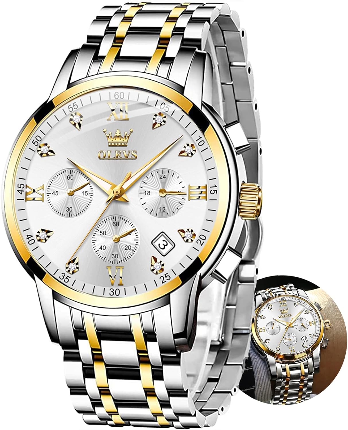 OLEVS Watches for Men with Date Luxury Big Face Waterproof Mens Wristwatch Analog Dress Two Tone Stainless Steel Man Watch Luminous Relojes De Hombre Calendar(Green/Blue/Black Dial