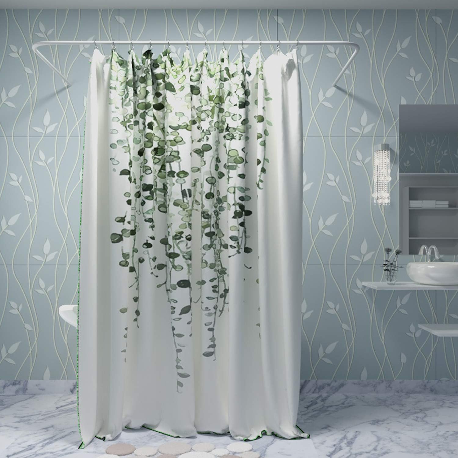 Maccyafst Shower Curtain Green Eucalyptus Leaves Bathroom Curtain Blurry Watercolor Plants Floral Shower Curtain Waterproof Bathroom Decor Fabric Shower Curtain Set with 10 Hooks