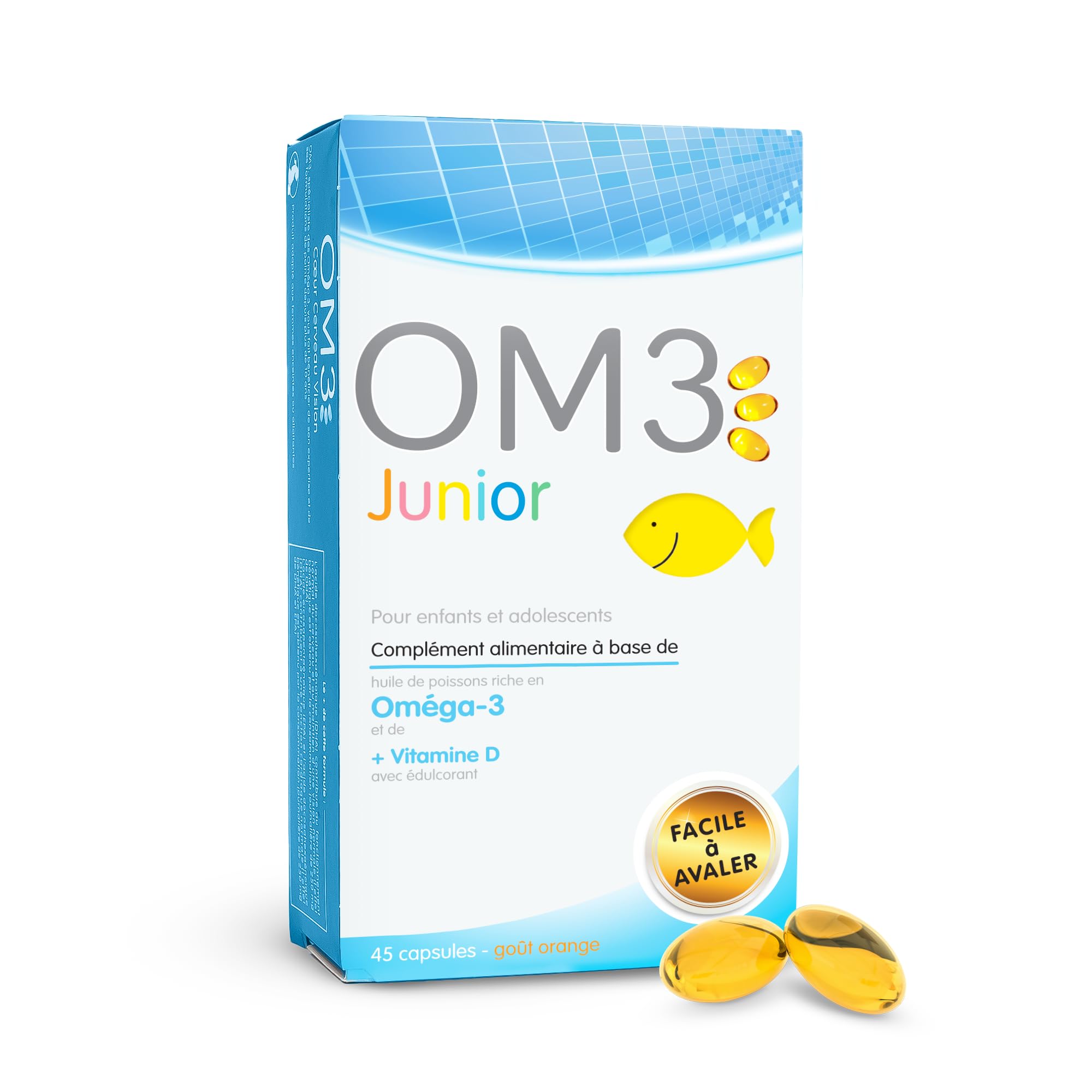 OM3 Junior - Huile de poissons EPAX riche en Oméga-3 et Vitamine D - Pour enfants et adolescents - 45 capsules à avaler ou mâcher