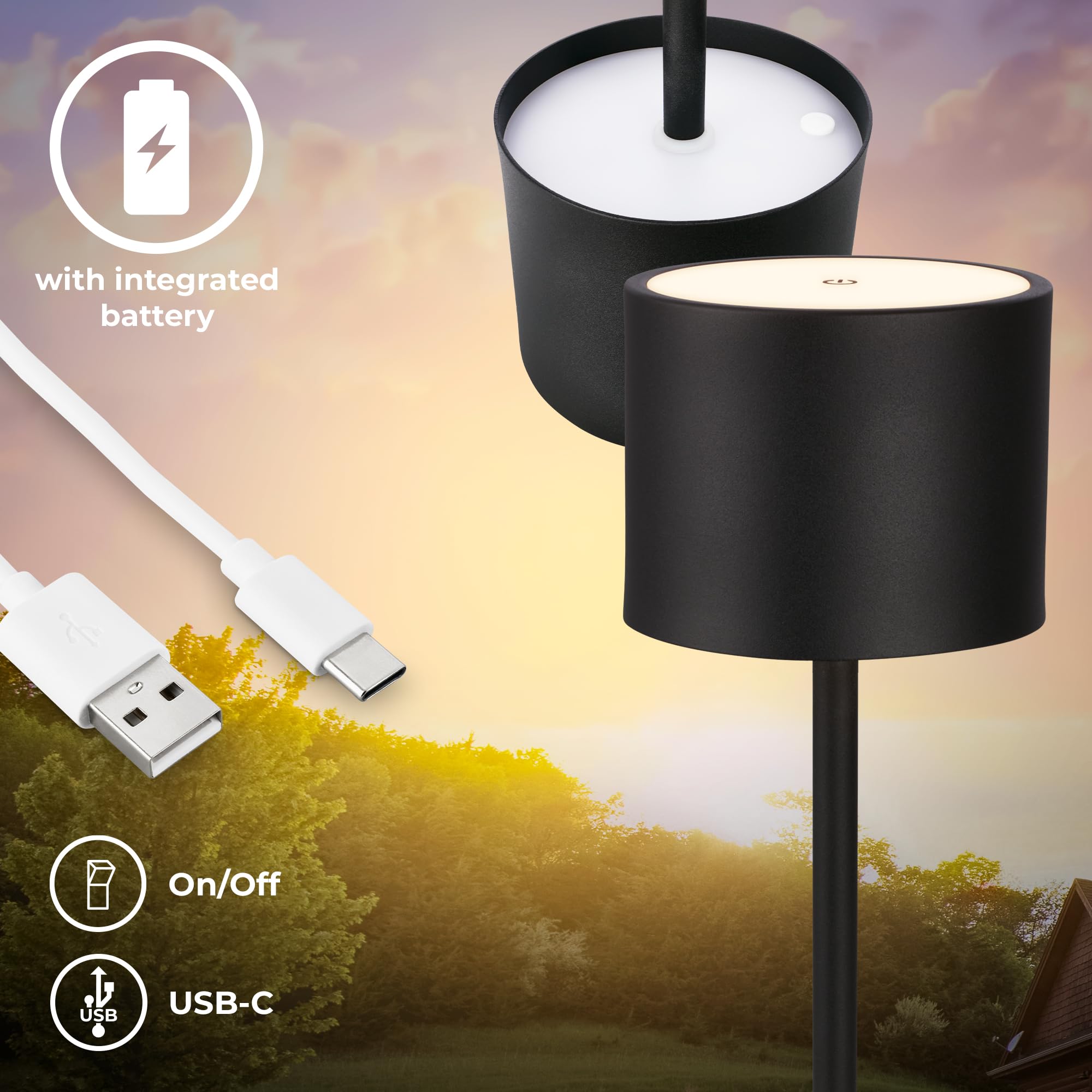 B.K.Licht - Lámpara de mesa LED sin cable IP44 con estación de carga, regulable por etapas, batería recargable y fuente de luz intercambiable, lámpara de mesilla de noche, 39,5x12,5 cm, negro