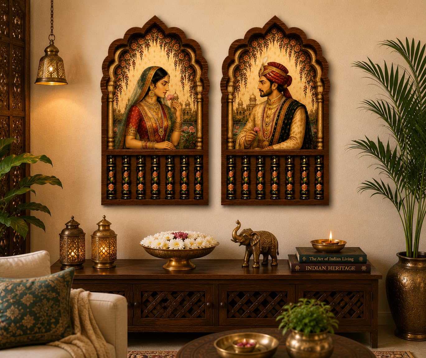 GLADTOGIFT Royal Couple Jharokha Wooden Wall Decor Set of 2 | 12 x 16 Inch Traditional Indian MDF Wall Hanging | Maharaja Maharani Heritage Wall Art | Rajasthani Mughal Style Wall Decor for Living Room, Bedroom & Hallway-image-33