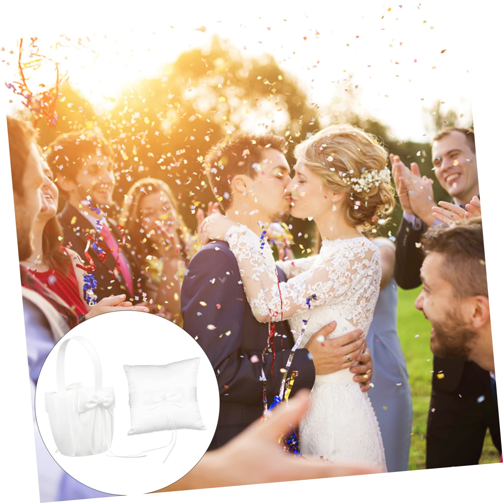 MAGICLULU 2 Stück Weißes Ringkissen mit Schleife und Strass Passender Blumenkorb aus Stoff für Hochzeit und Feier für Mädchen