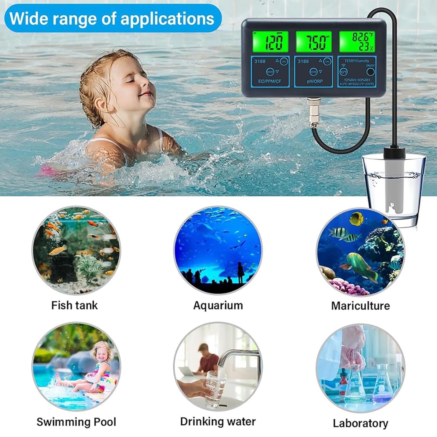 Tester jakości wody 7 w 1, miernik ph, temperatura Rh Tds Ec Cf Orp, inteligentne narzędzie do testowania wody z monitorem aplikacji, z wyświetlaczem LCD, do basenu, wody pitnej