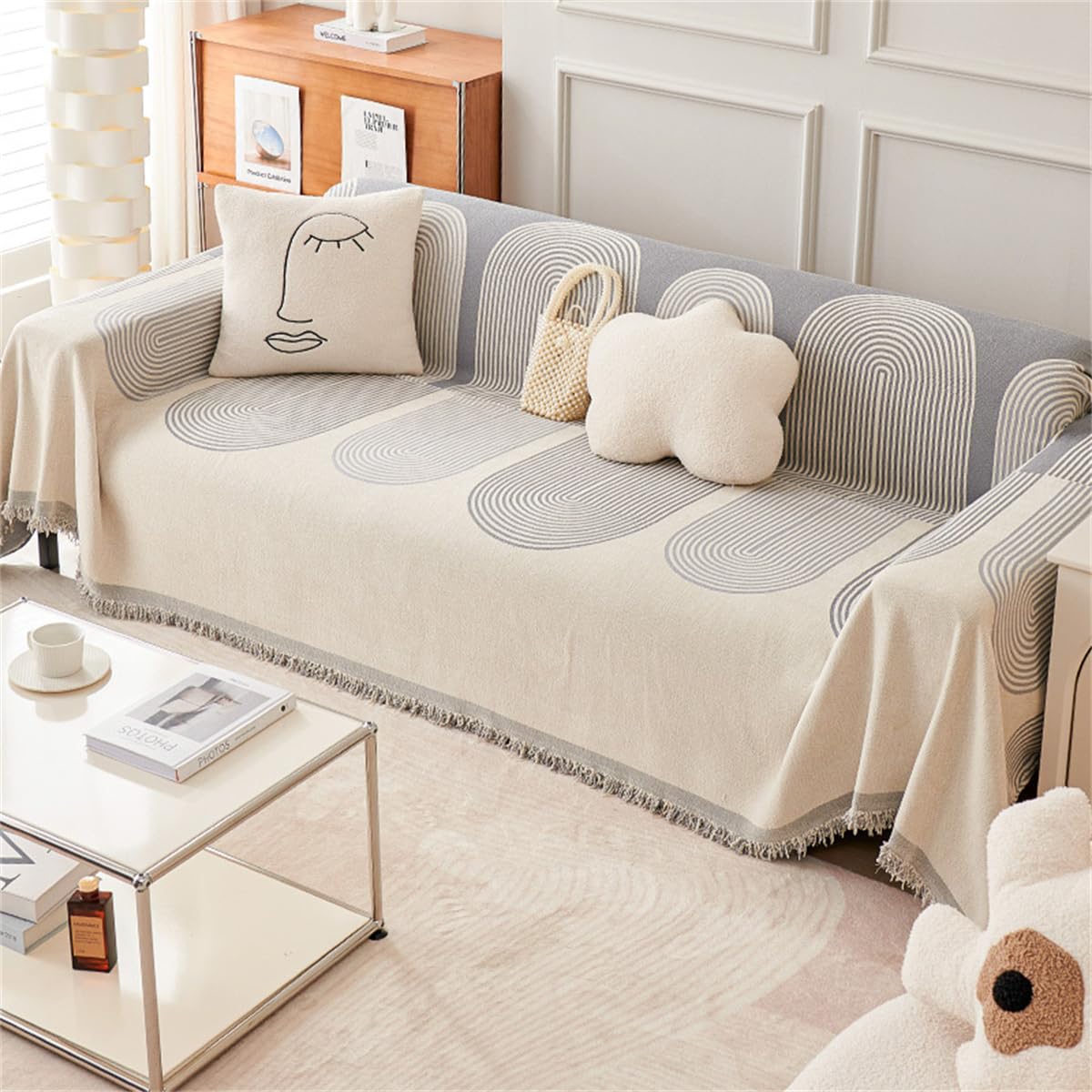 Manta Sofa Grandes, Manta Plaid Sofa 1/2/3/4 Plazas, Moderno Árbol Geométrico A Rayas Antideslizante Con Borlas Colchas Grandes Reversibles Para Sofá Asiento Cama Doble Sillón (Gris,180x180cm)