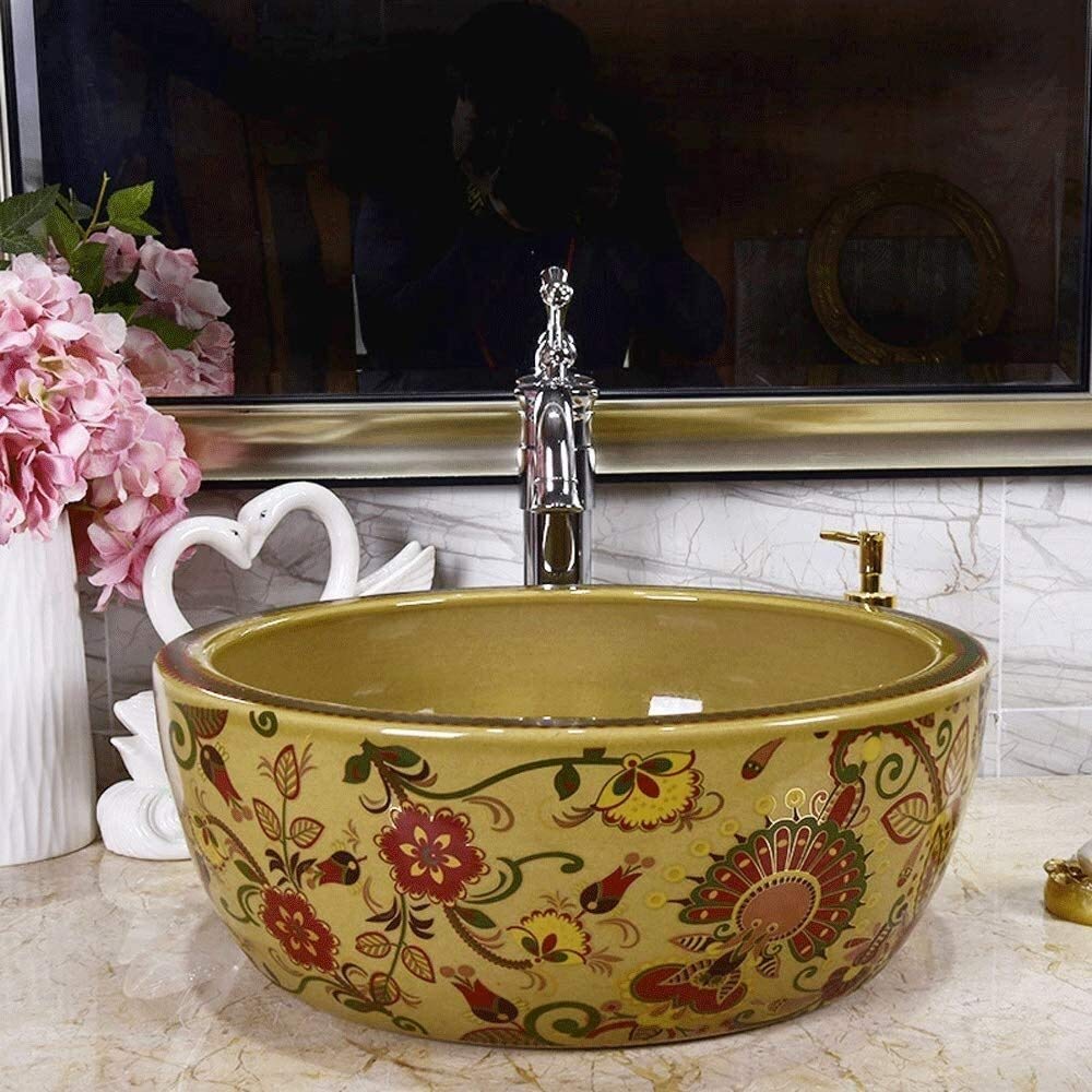 Szafka Pod Umywalkę Z Umywalką, Umywalka Łazienkowa Nablatowa, Okrągła Ceramiczna Umywalka Łazienkowa Nablatowa W Stylu Vintage, Porcelanowa Miska Nablatowa