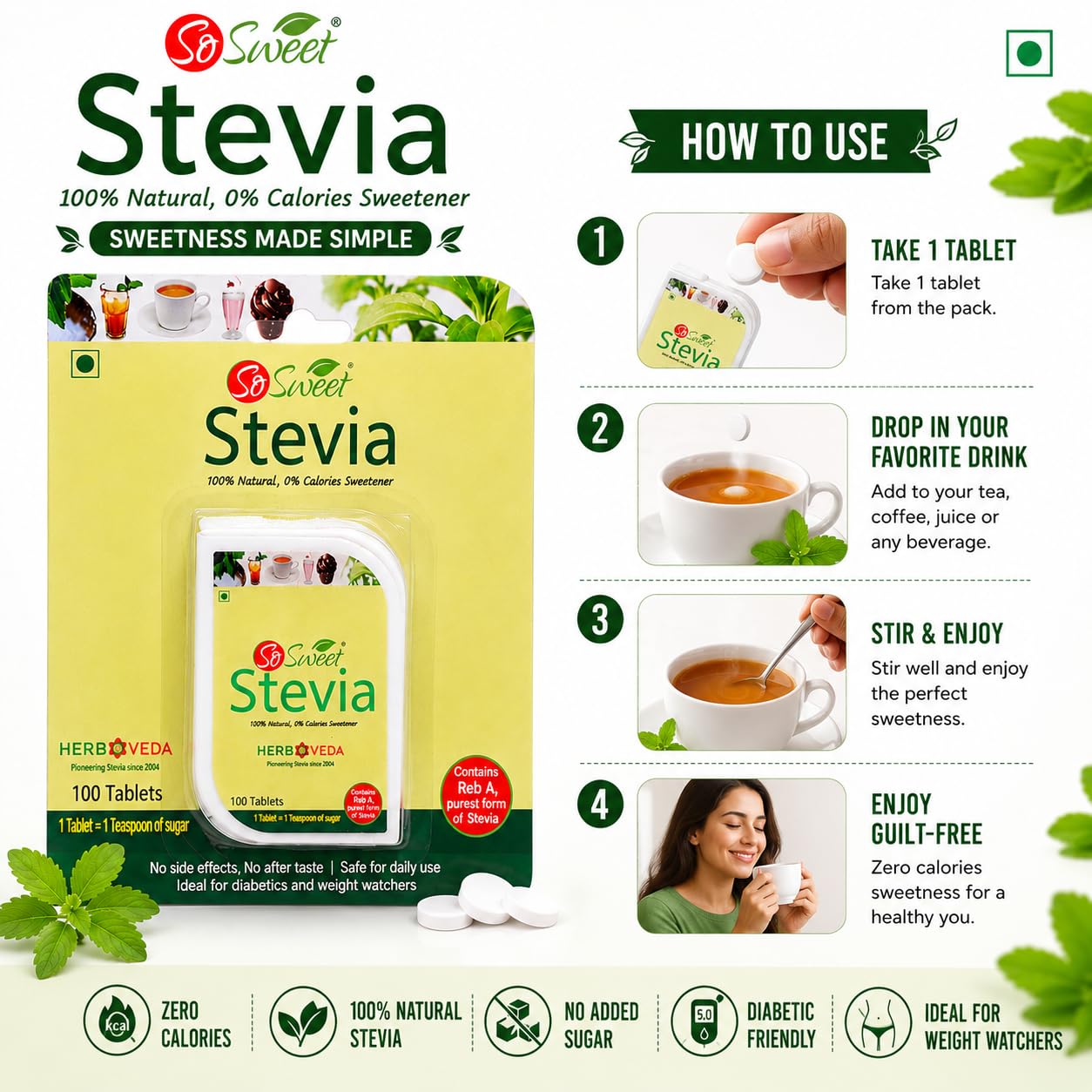 So Sweet Stevia Tablets Sugar Free Natural Zero Calorie Sweetener 100 Tablets 4