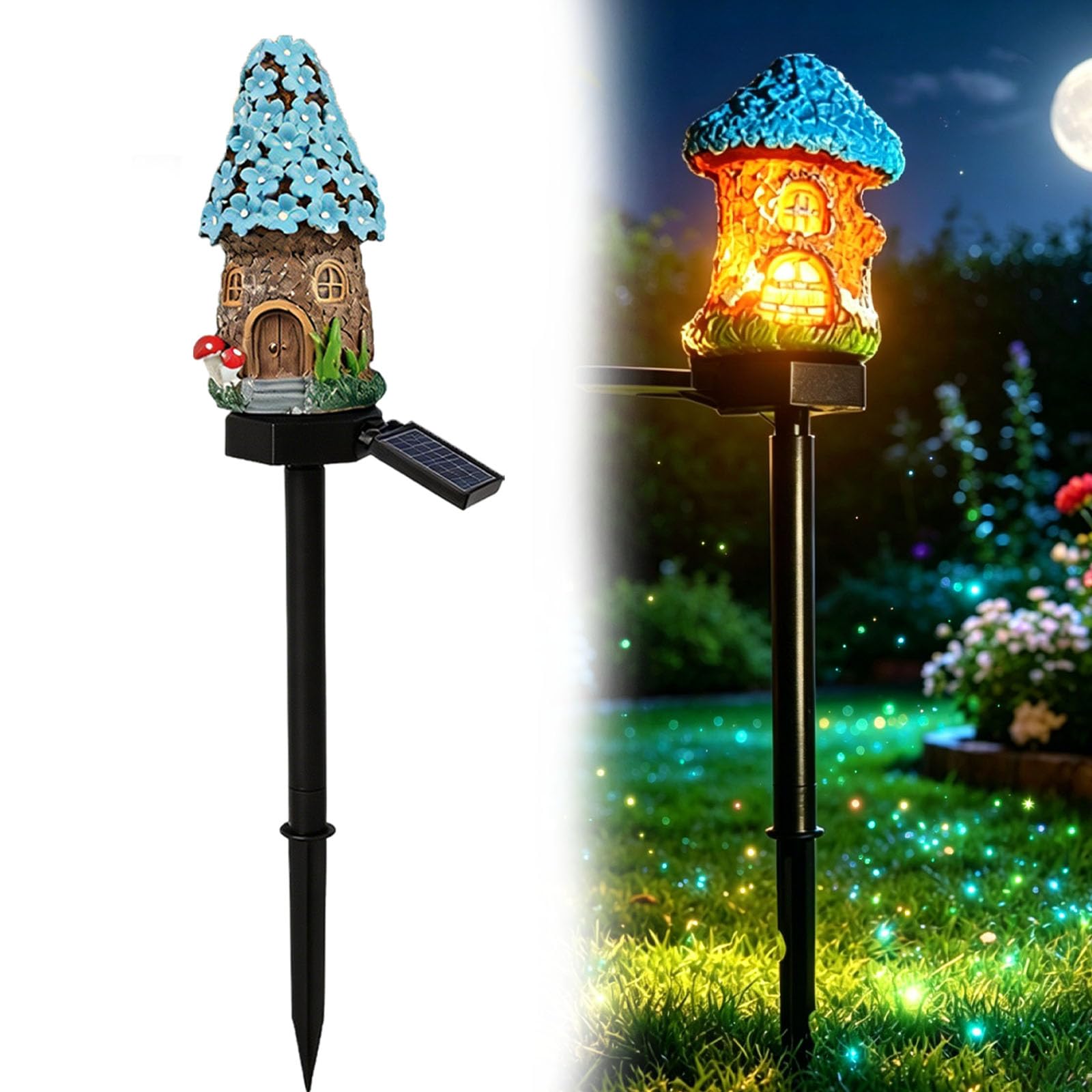 ZHENWO Outdoor Mushroom Solar Lights, Resin Fairy Tale Mushroom Cottage House Statue Lamp, Waterproof Decorative Stake Light with Auto On Off for Landscape Pathway Lawn Patio (F)