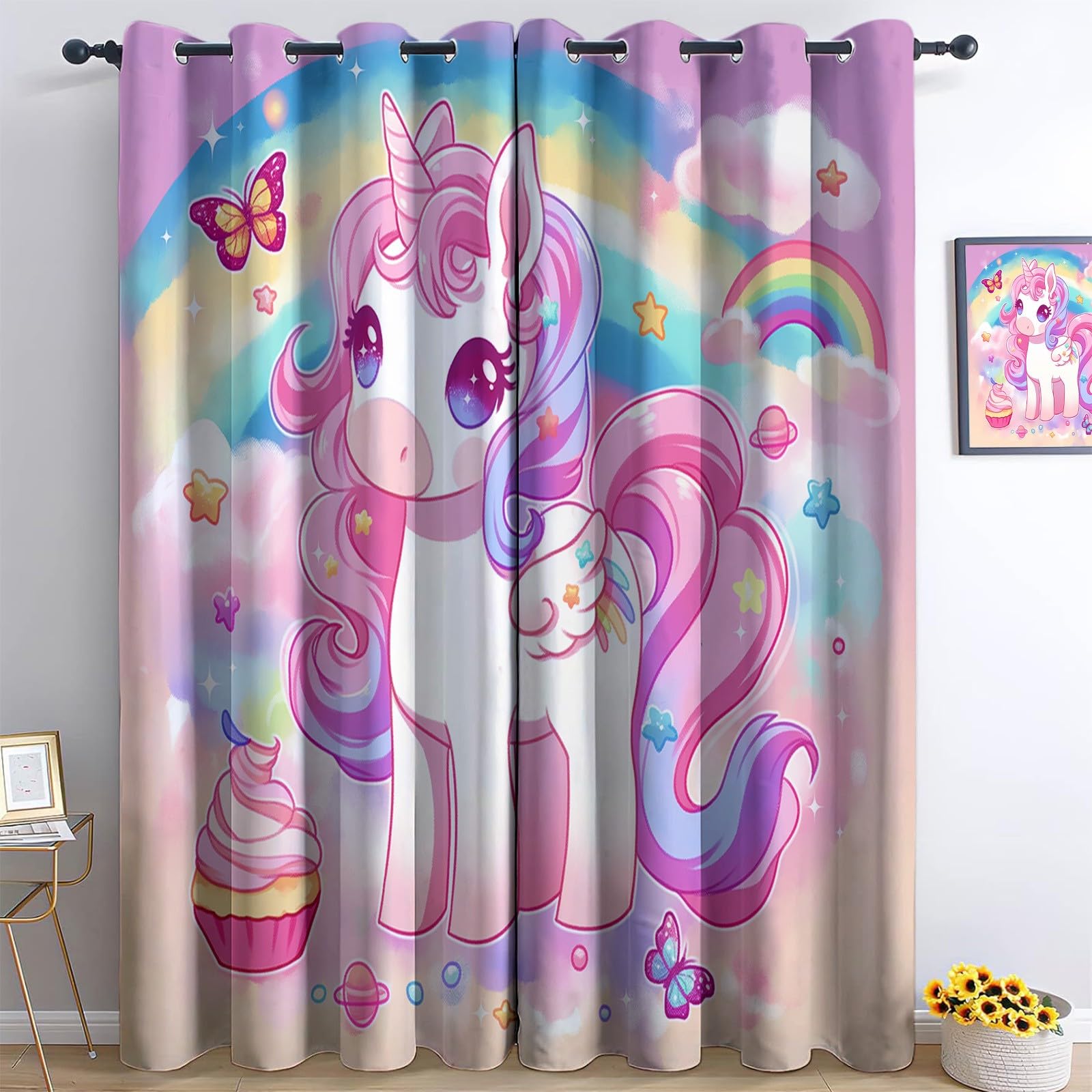 Rideaux Occultants Thermiques Dessin Animé Mignon Licorne Arc-en-Ciel Rose, Rideaux Opaques à Œillets pour Salon et Salle à Manger, Isolation Thermique Moderne, L117 x H138 cm, Lot de 2