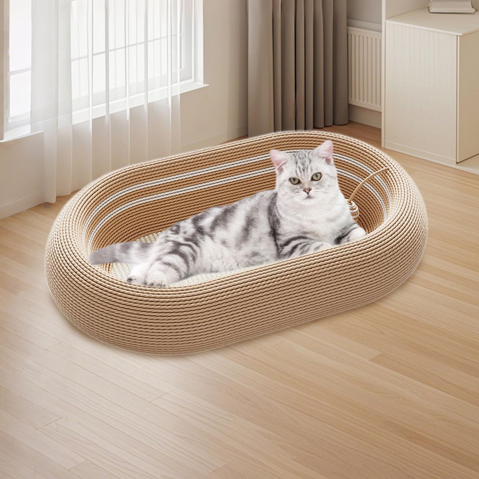 Griffoir pour Chat Corbeille à Gratter Spacieuse Couchage pour Félin Tapis de Griffade et Jouet en Sisal Adapté pour Le Sommeil et L'Entraînem, Brun Blanc