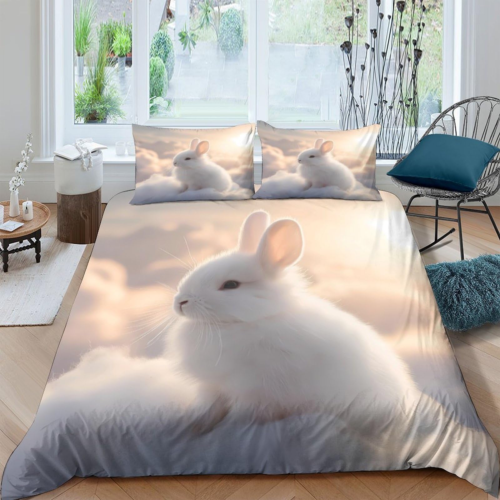 GPLZQXKJNH 3D Printed White Bunny Duvet Cover Microfiber Soft Breathable Rabbit Quilt Cover Set with 2 Pillowcases for Bedroom Home Decor Single（135x200cm）