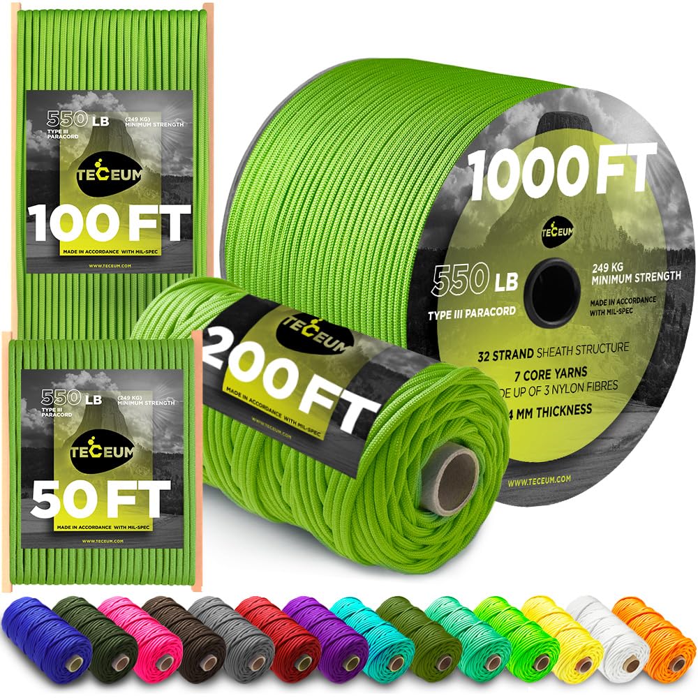 TECEUM Paracord Type III 550 Fluo Green – 50 ft – 4mm – Tactical Rope MIL-SPEC – Outdoor para Cord – Camping Hiking Fishing Gear – EDC Parachute Cord – Strong Survival Rope 017 nw-image-5