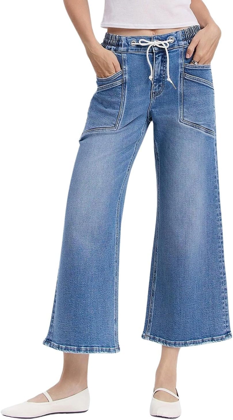 VERVET Women's Olivia High Rise Drawstring Waistband Cropped Wide Leg Jeans