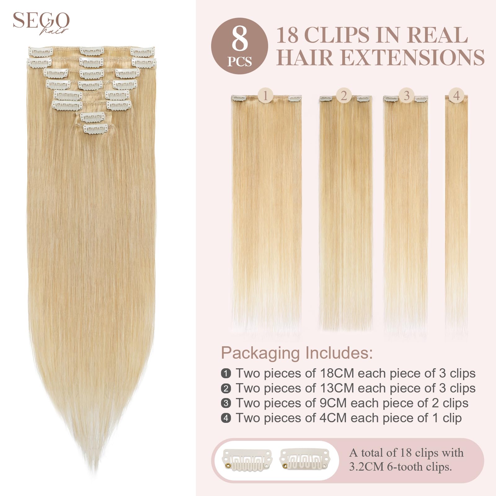 SEGOHAIR 8 PCS Hair Extensions Clip in Real Human Hair, 10 inch Thin Full Head Human Hair Extensions Straight - Golden Blonde(50g) - Image 2