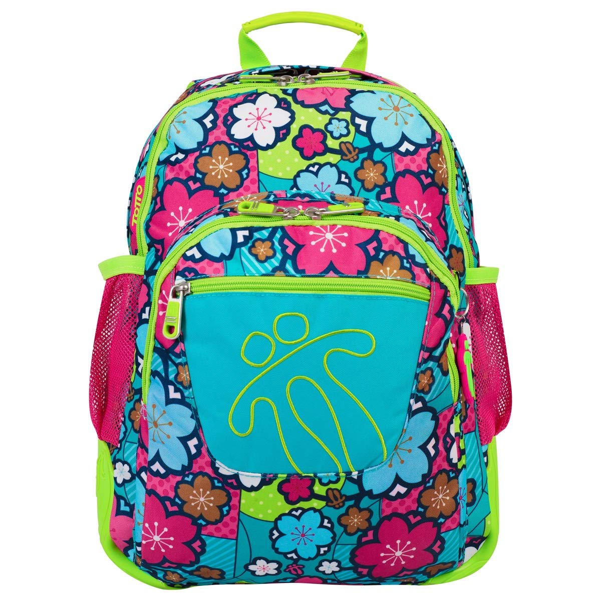 Totto - Zaino per la scuola, modello Crayoles, capacità 20 L, beauty case e borsa per scarpe removibili, tasca per bottiglia, schienale ergonomico con flusso d'aria, stampa fiori verdi
