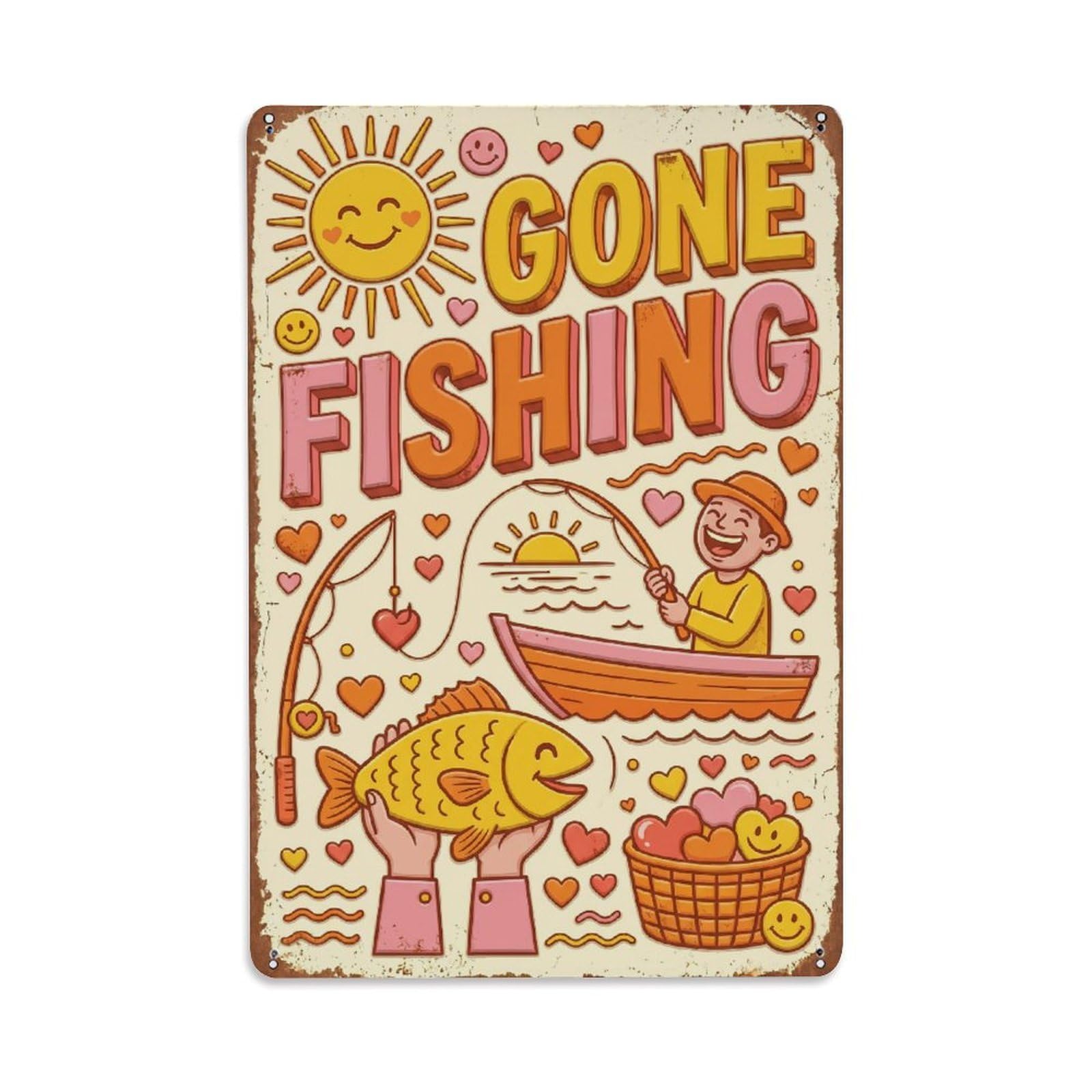 Gone Fishing Moments Happiness Vintage Metal Tin Sign Plaque Wall Decor for Cafe, Club, Garden Metal Poster 8x12Inch