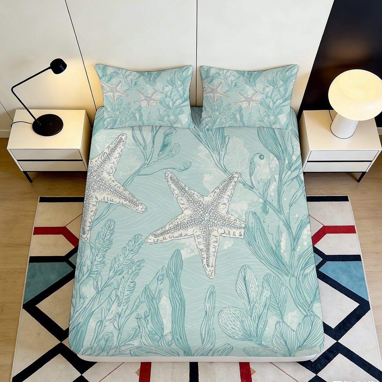 3D Printed Sea Star Coral Fitted Sheet Microfiber Soft Non-Slip Mattress Cover for Bedroom Guestroom Decor Easy Care 90x200x25cm