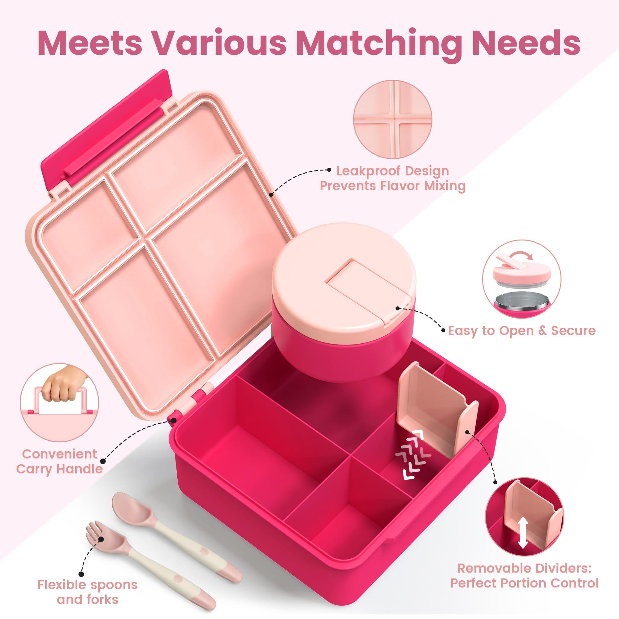 LOHASOK Lonchera Bento con termo de sopa de 8 onzas, recipientes de almuerzo a prueba de fugas con 4 compartimentos, tarro térmico de alimentos calientes y lonchera aislada para la escuela, color rosa
