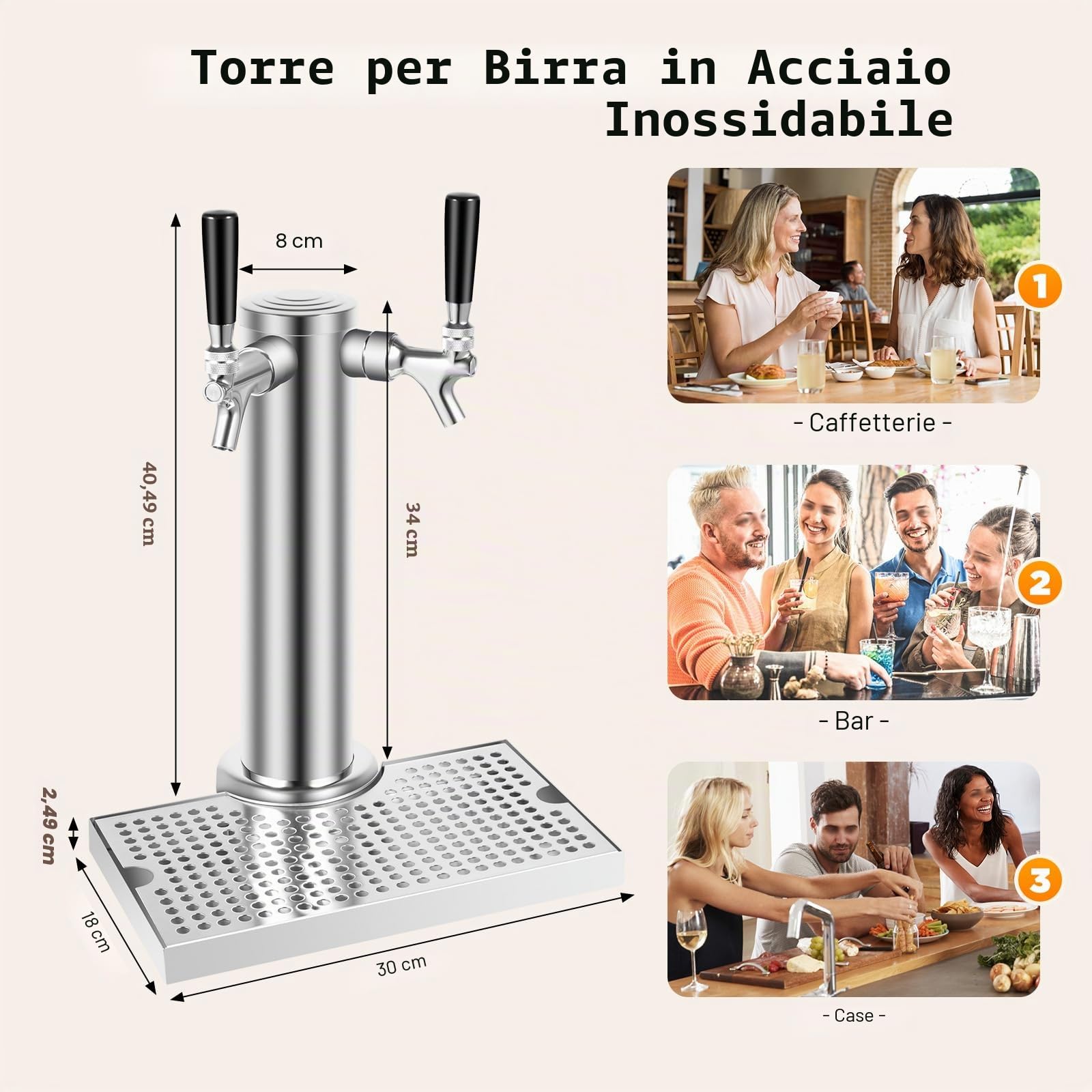 Distributore di birra a doppio beccuccio per birra, torre di birra, 2 rubinetti, in acciaio inox, per bar, uso domestico, 1,5 m, tubi in PVC lucidato, cromato, peso 3 kg