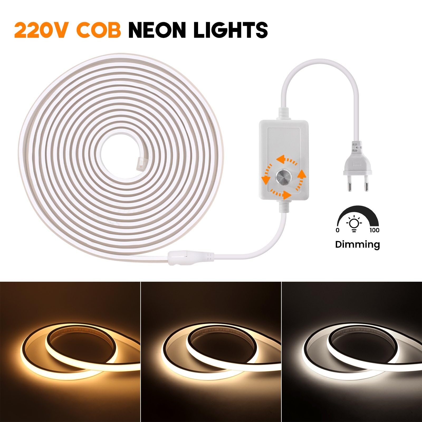 KISUFU 220 V Cinta LED COB, Flexible Led Banda Neon Diadema con Dimmer Impermeable IP65 LED Tira luminosa para dormitorio, jardín, techo decoración, 10 m, blanco natural