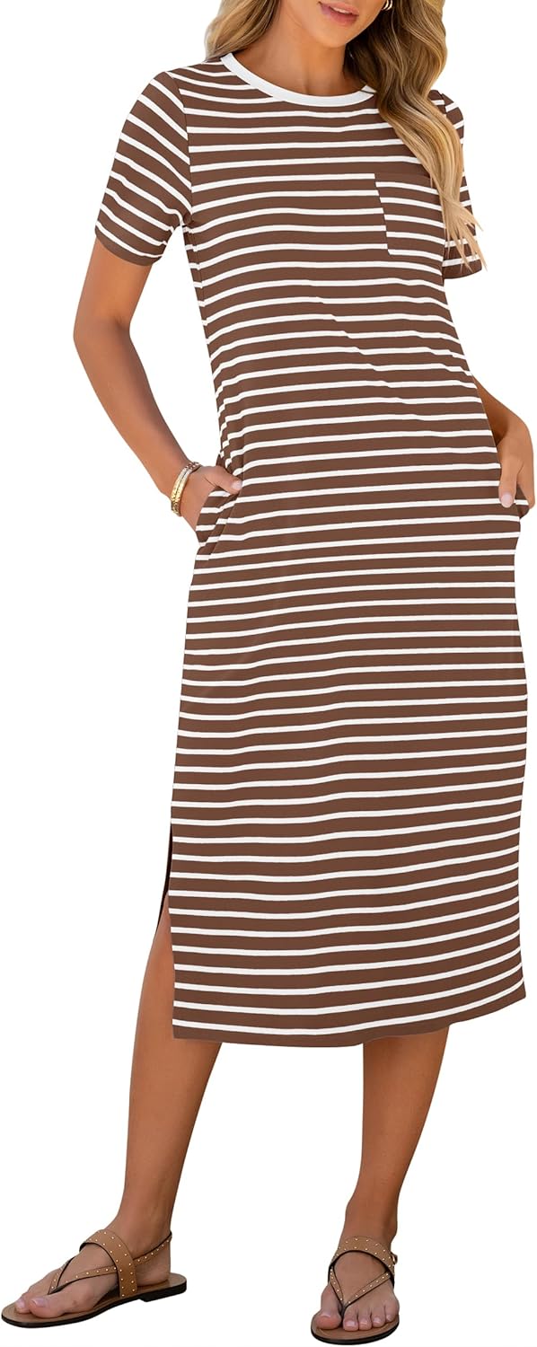 ANRABESS Womens Summer Casual Midi Dress Short Sleeve Crewneck T Shirt Long Dresses Split Stripe Beach Vacation Travel Outfit
