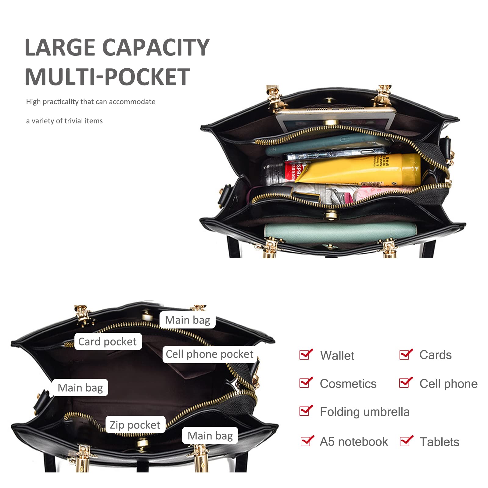 NICOLE & DORIS Sac à Main Femme Mode Sac Fourre Tout Compartiments Multiples Sac à Bandoulière Cuir PU Sac Epaule Chic et Elégant Sac Besace pour Ville Travail Business