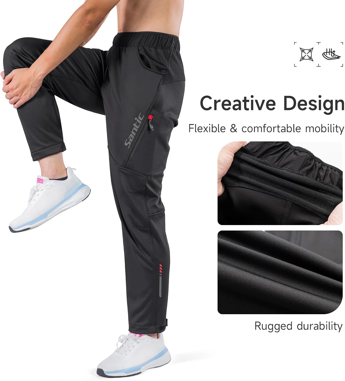 Santic Men's Mountain Bike Pants,Windproof Motorcycle Riding Pants,Winter Thermal Fleece Winterproof Riding Pants - Image 4