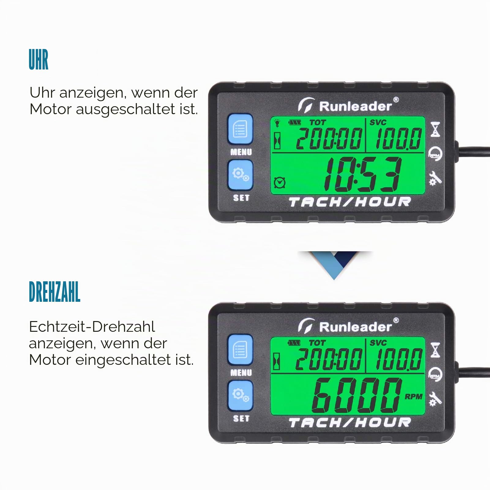 Runleader Betriebsstundenzähler Drehzahlmesser,Wartungsstundenzähler,Alarm-RPM-Erinnerung, mehrfarbiges Display mit Hintergrundbeleuchtung,Anfangsstunden einstellbar,Wasserdicht Blau